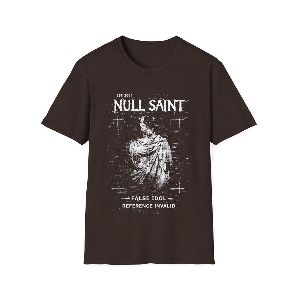 Brown graphic T-shirt featuring Null Saint text, distressed monochrome saint figure and dark archive-style artwork.