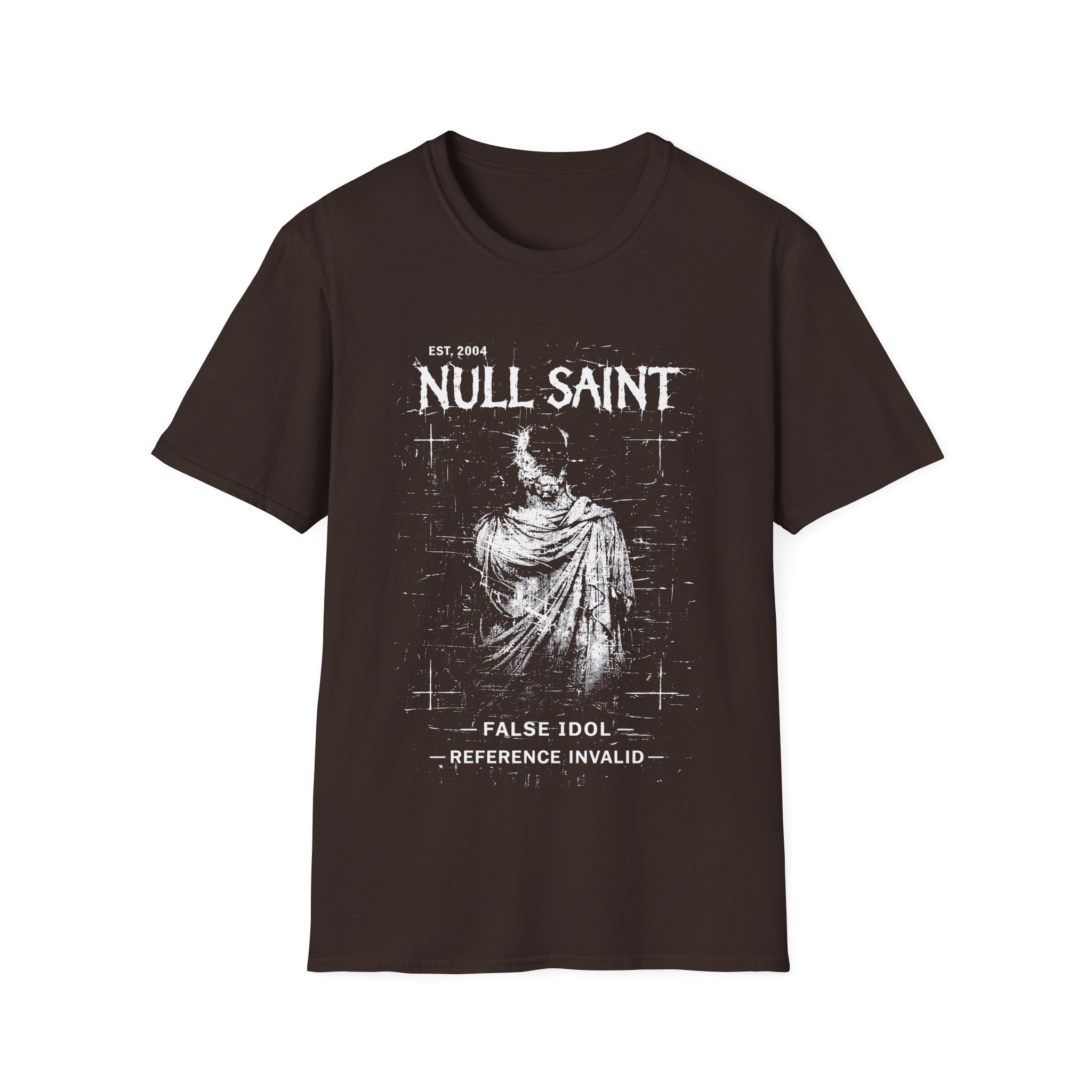 Brown graphic T-shirt featuring Null Saint text, distressed monochrome saint figure and dark archive-style artwork.