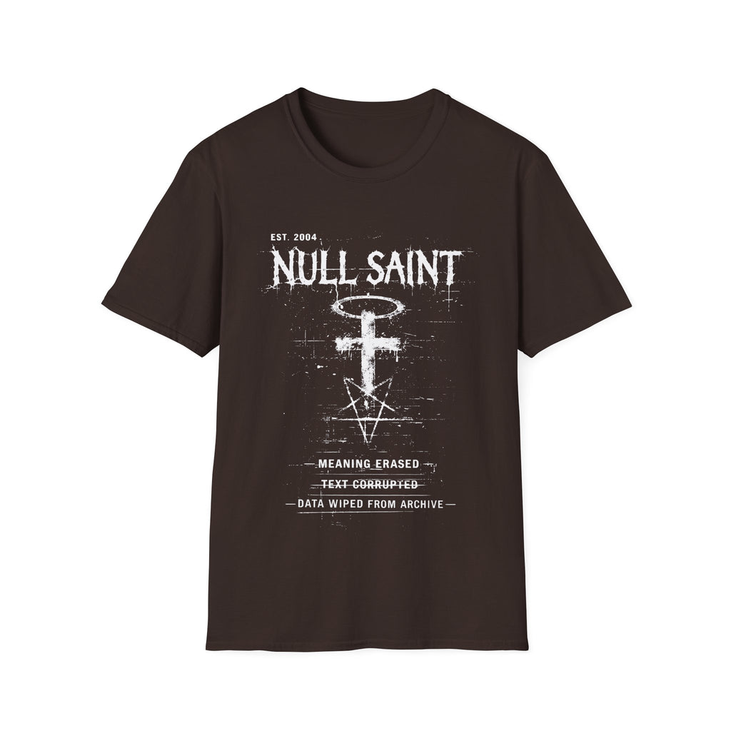 Brown graphic T-shirt featuring Null Saint text, corrupted cross and halo symbol, distressed typography and dark grunge artwork.