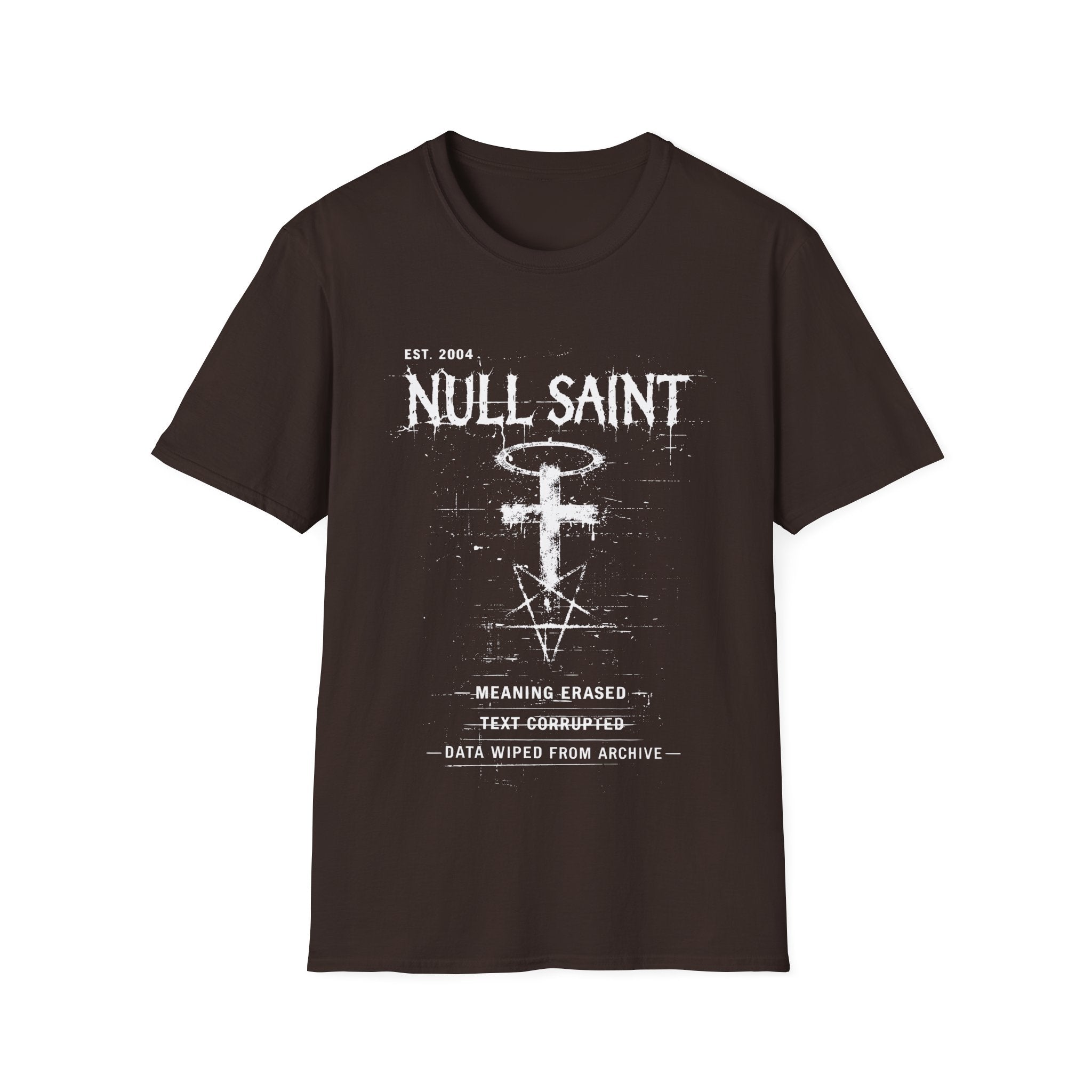 Brown graphic T-shirt featuring Null Saint text, corrupted cross and halo symbol, distressed typography and dark grunge artwork.