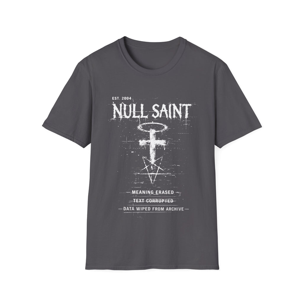 Charcoal Grey graphic T-shirt featuring Null Saint text, corrupted cross and halo symbol, distressed typography and dark grunge artwork.