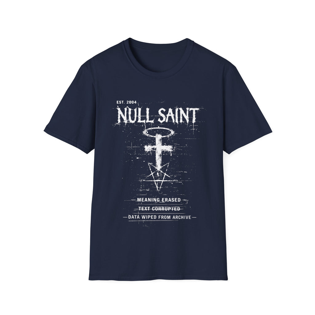 Navy Blue graphic T-shirt featuring Null Saint text, corrupted cross and halo symbol, distressed typography and dark grunge artwork.