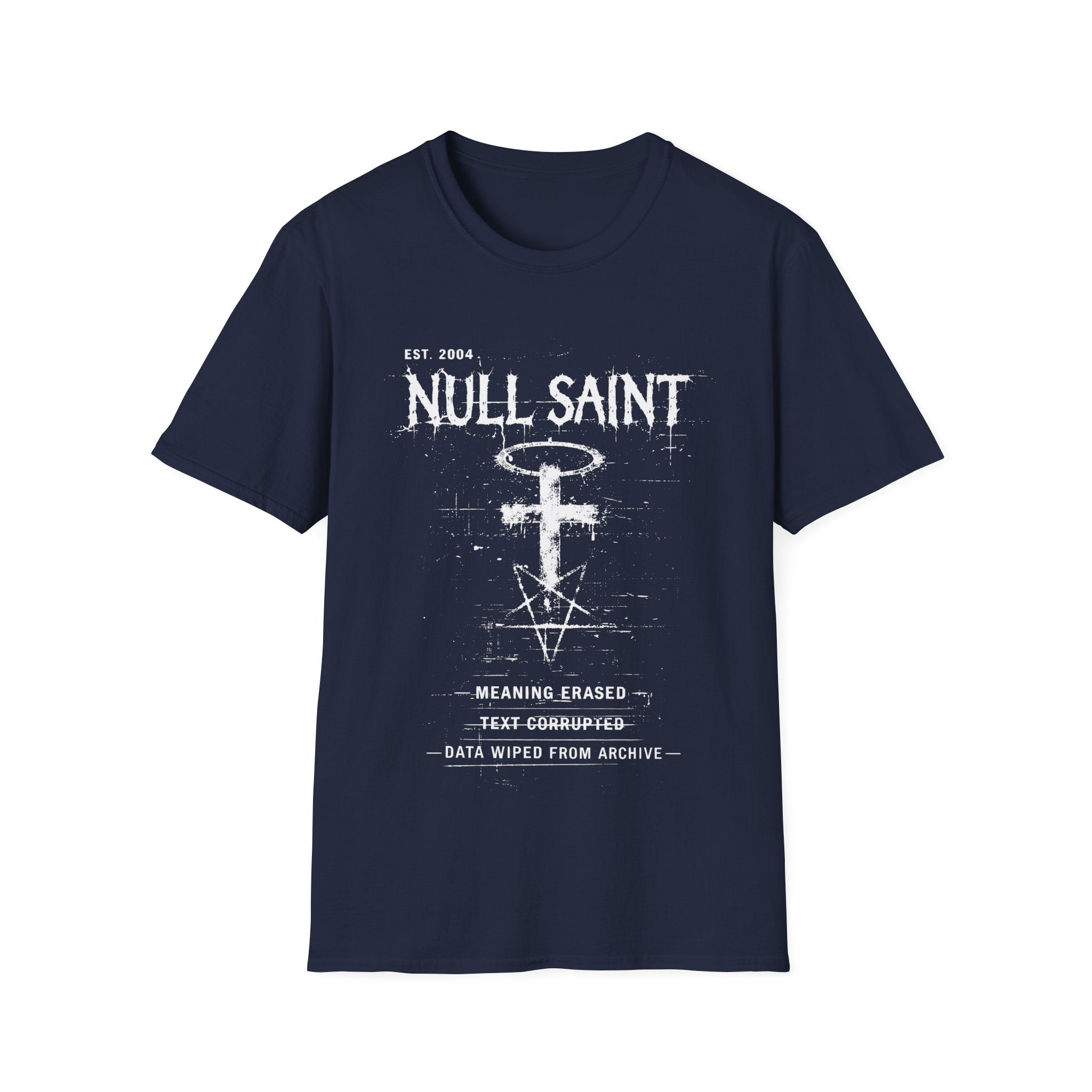 Navy Blue graphic T-shirt featuring Null Saint text, corrupted cross and halo symbol, distressed typography and dark grunge artwork.