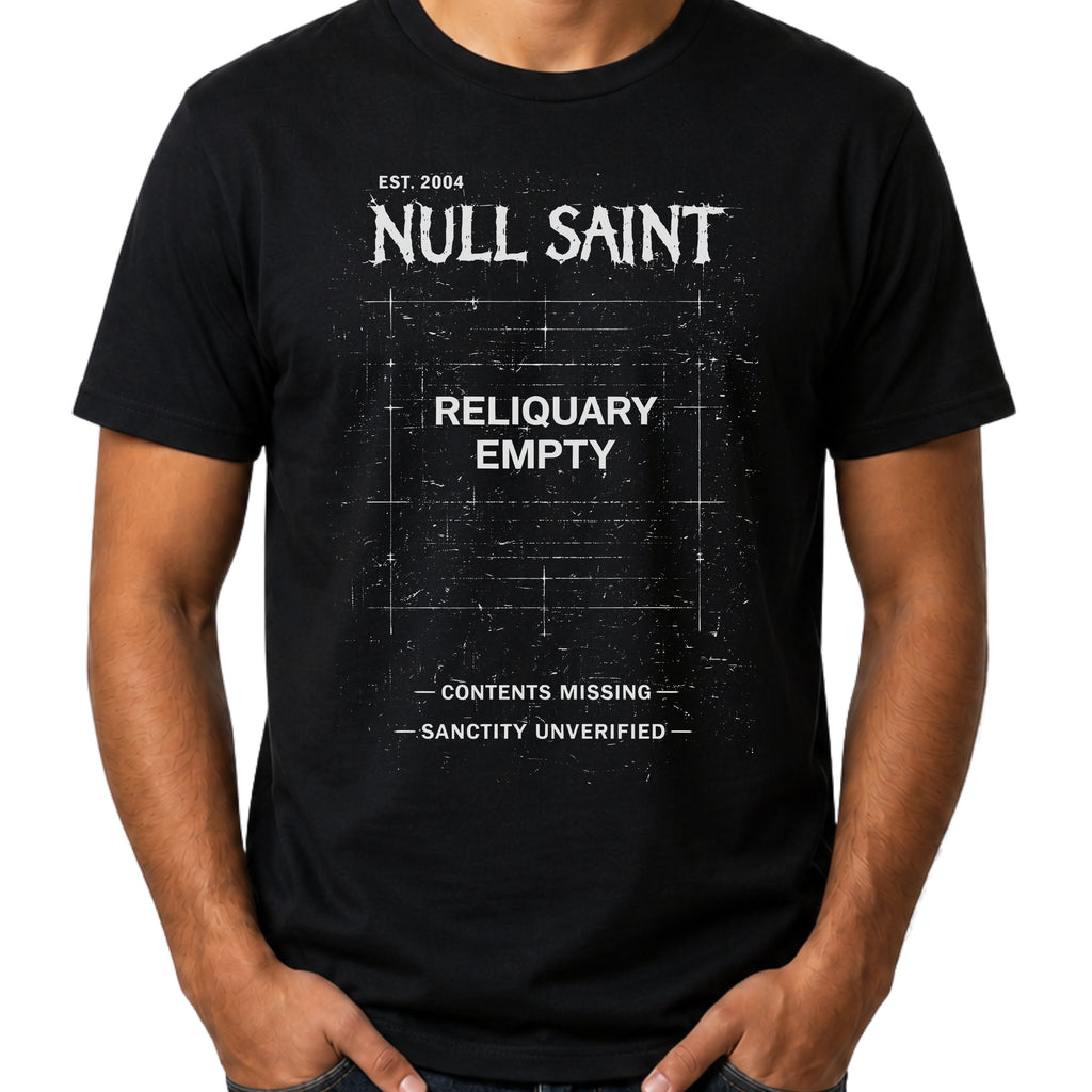 Black Gildan 64000 T-shirt with Null Saint distressed monochrome graphic, archive-style typography and dark grunge artwork.