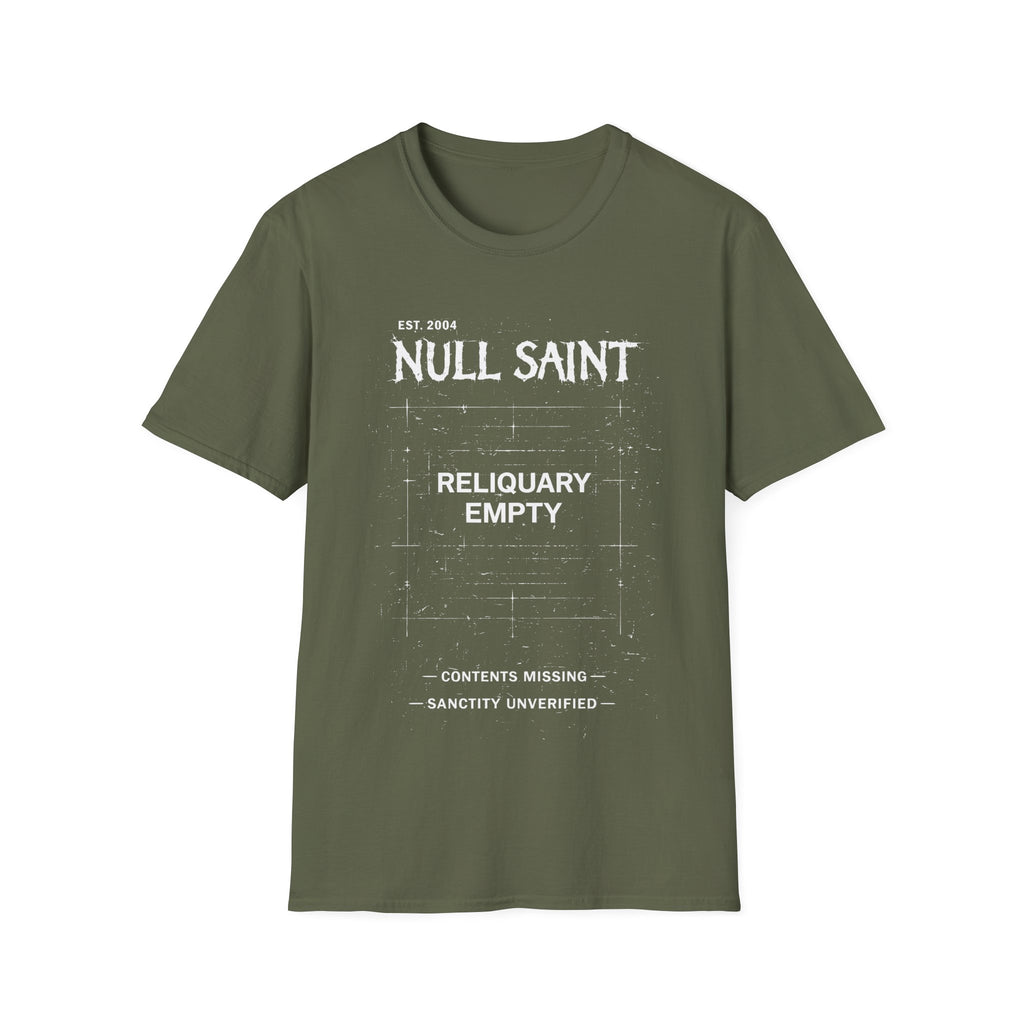 Military Green graphic T-shirt featuring Null Saint text, distressed archive layout and gothic streetwear artwork.
