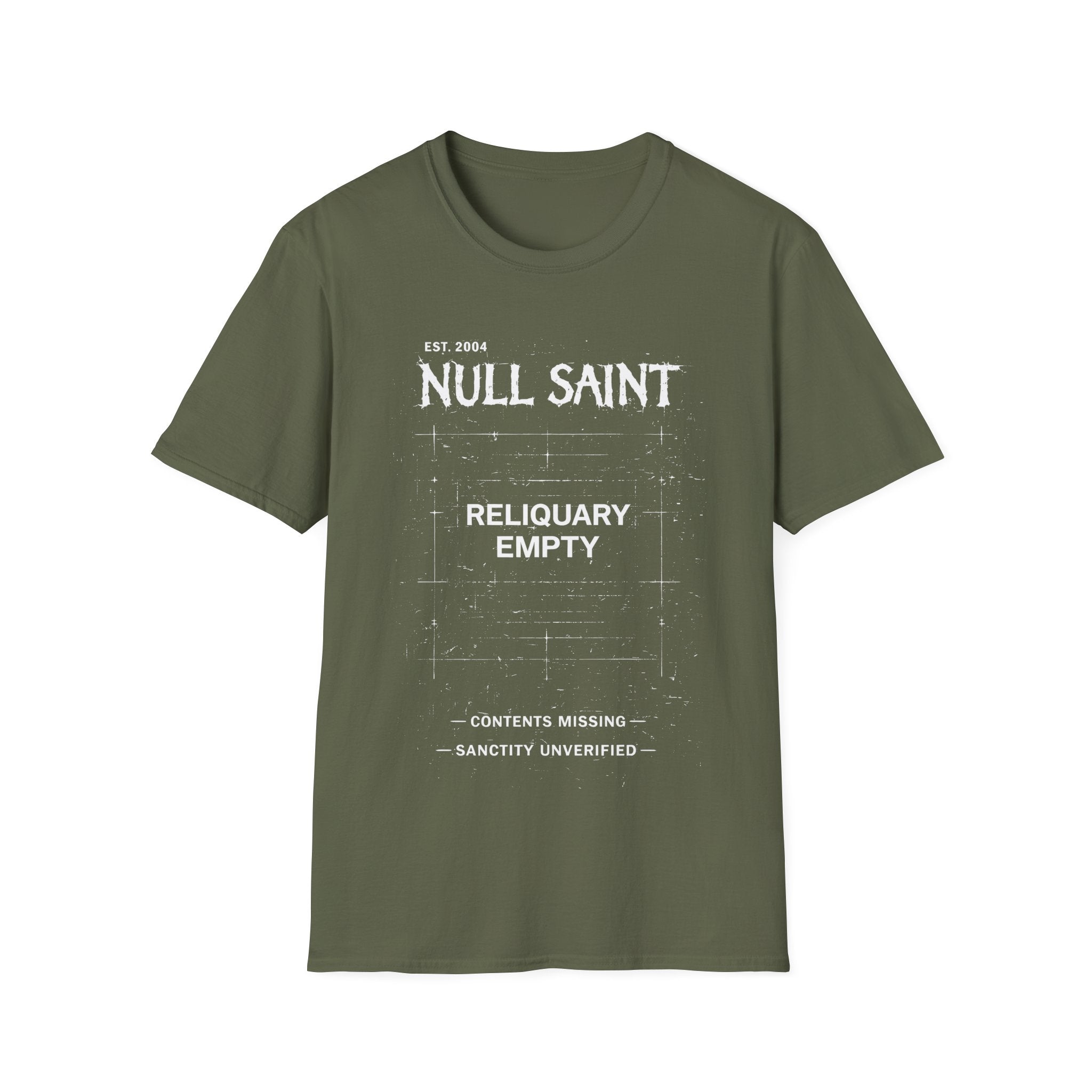 Military Green graphic T-shirt featuring Null Saint text, distressed archive layout and gothic streetwear artwork.