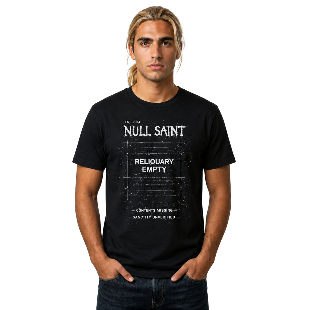 Black graphic T-shirt featuring Null Saint text, distressed archive layout and gothic streetwear artwork.