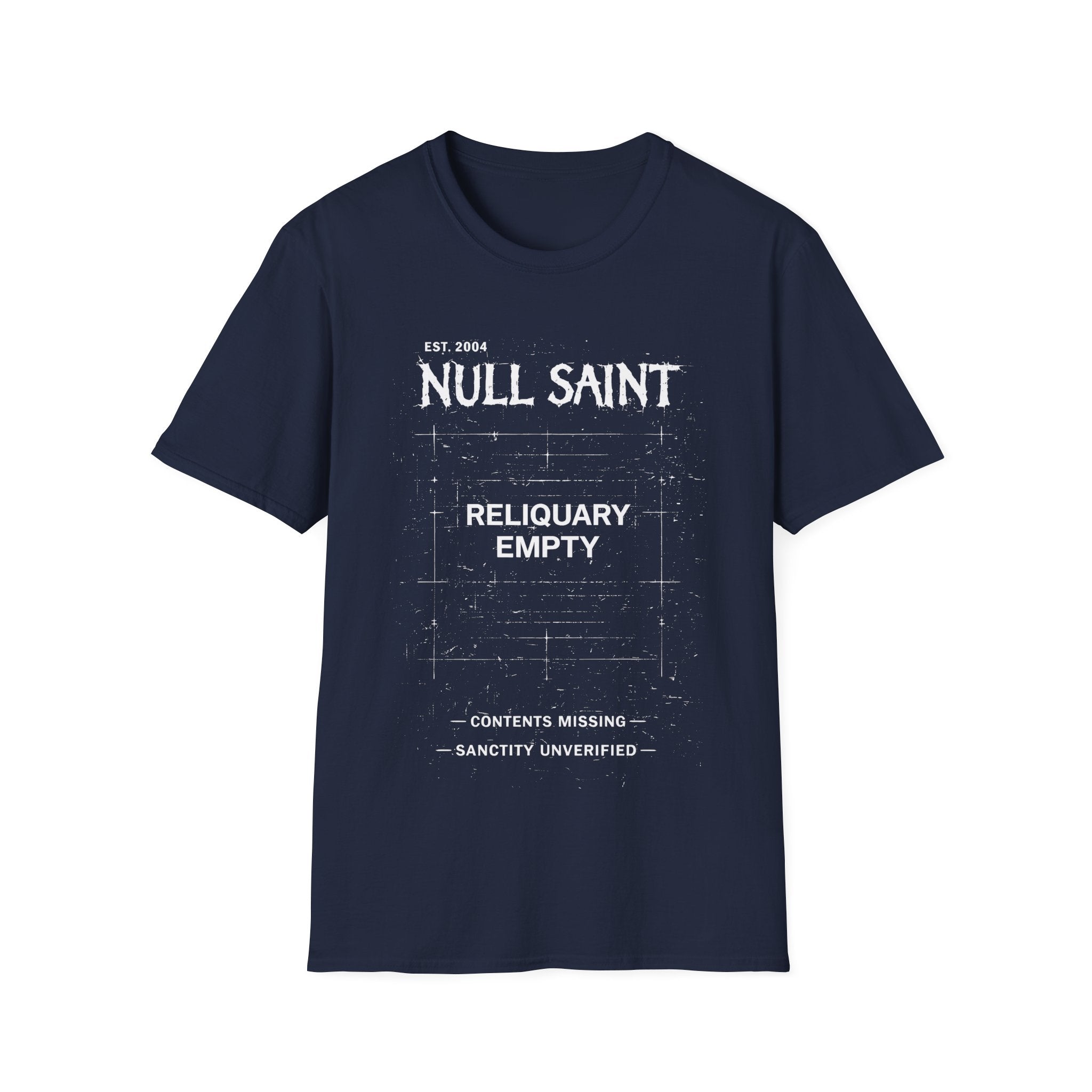Navy Blue graphic T-shirt featuring Null Saint text, distressed archive layout and gothic streetwear artwork.