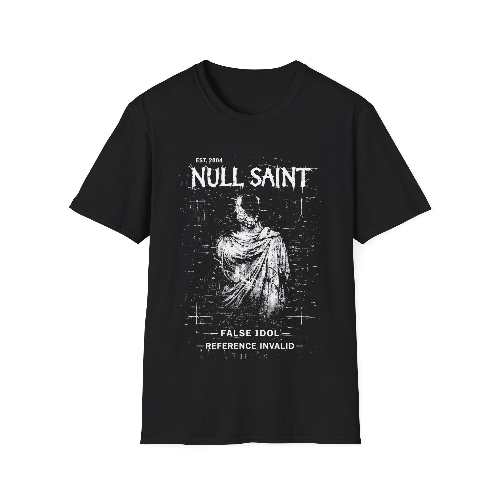 Black Gildan 64000 T-shirt with Null Saint distressed saint artwork, archive-style typography and gothic grunge design.