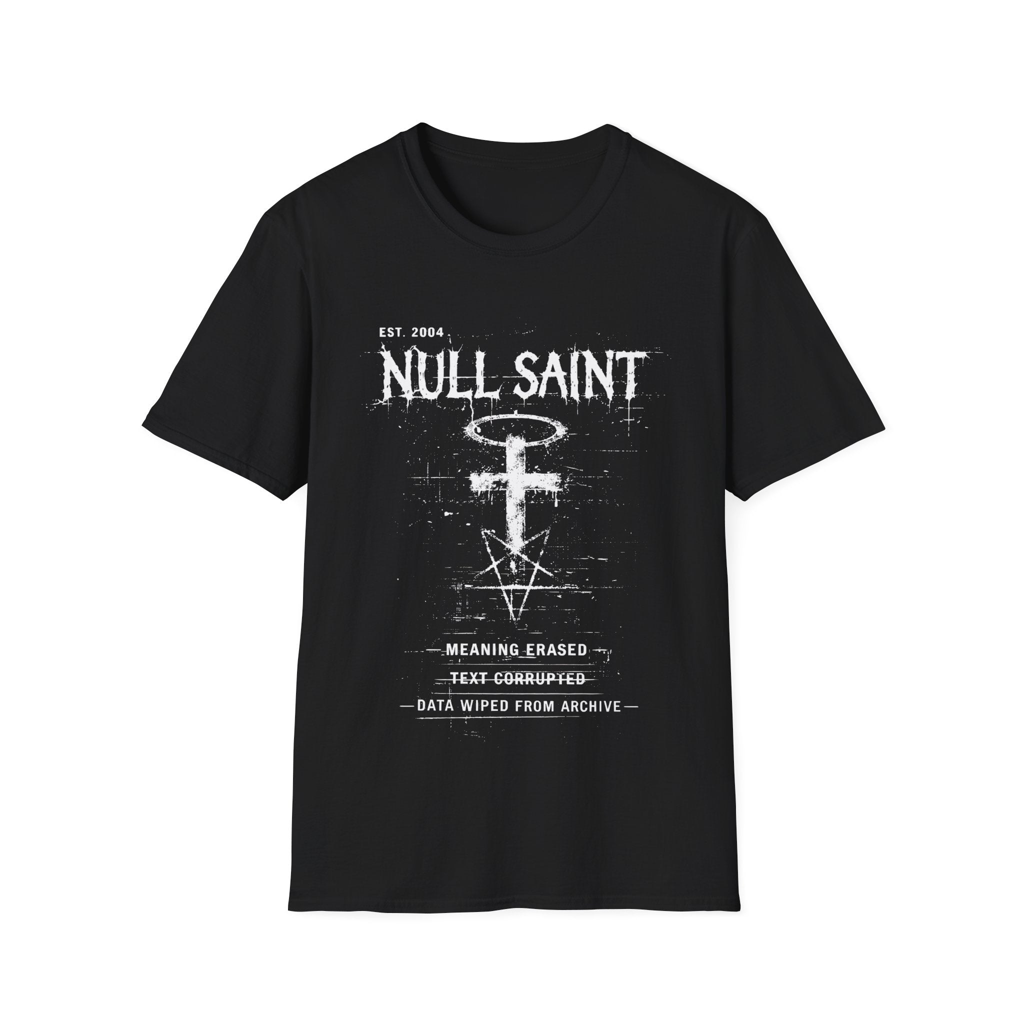 Black Gildan 64000 T-shirt with Null Saint distressed gothic symbol artwork, cross and halo graphic, and monochrome archive typography.