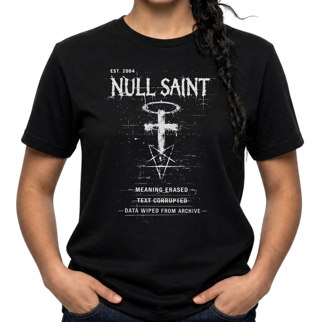 Black t-shirt with 'Null Saint' design and text on a white background