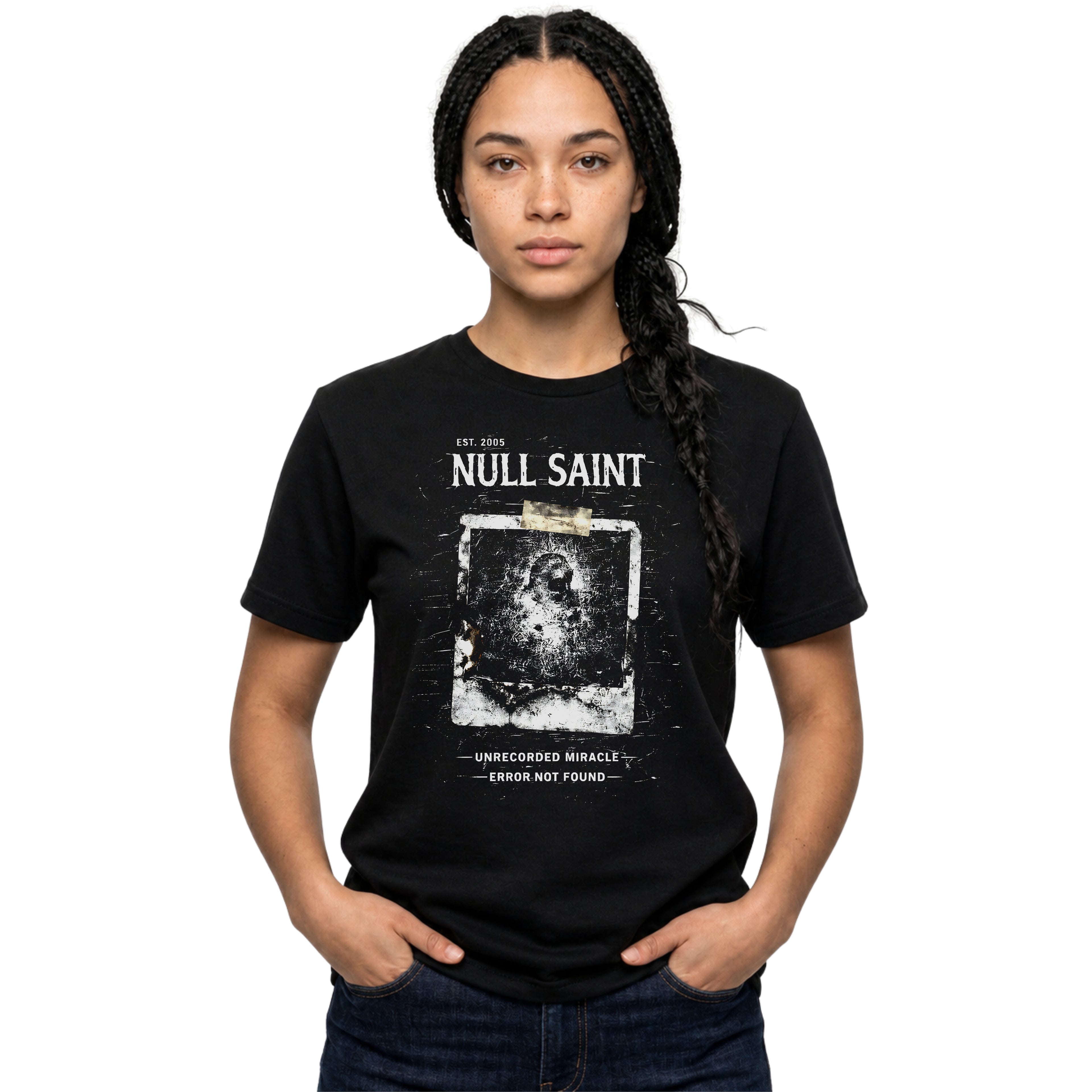 Null Saint archive graphic tee featuring distressed white typography, corrupted photo artwork, and dark underground grunge styling on a black T-shirt.