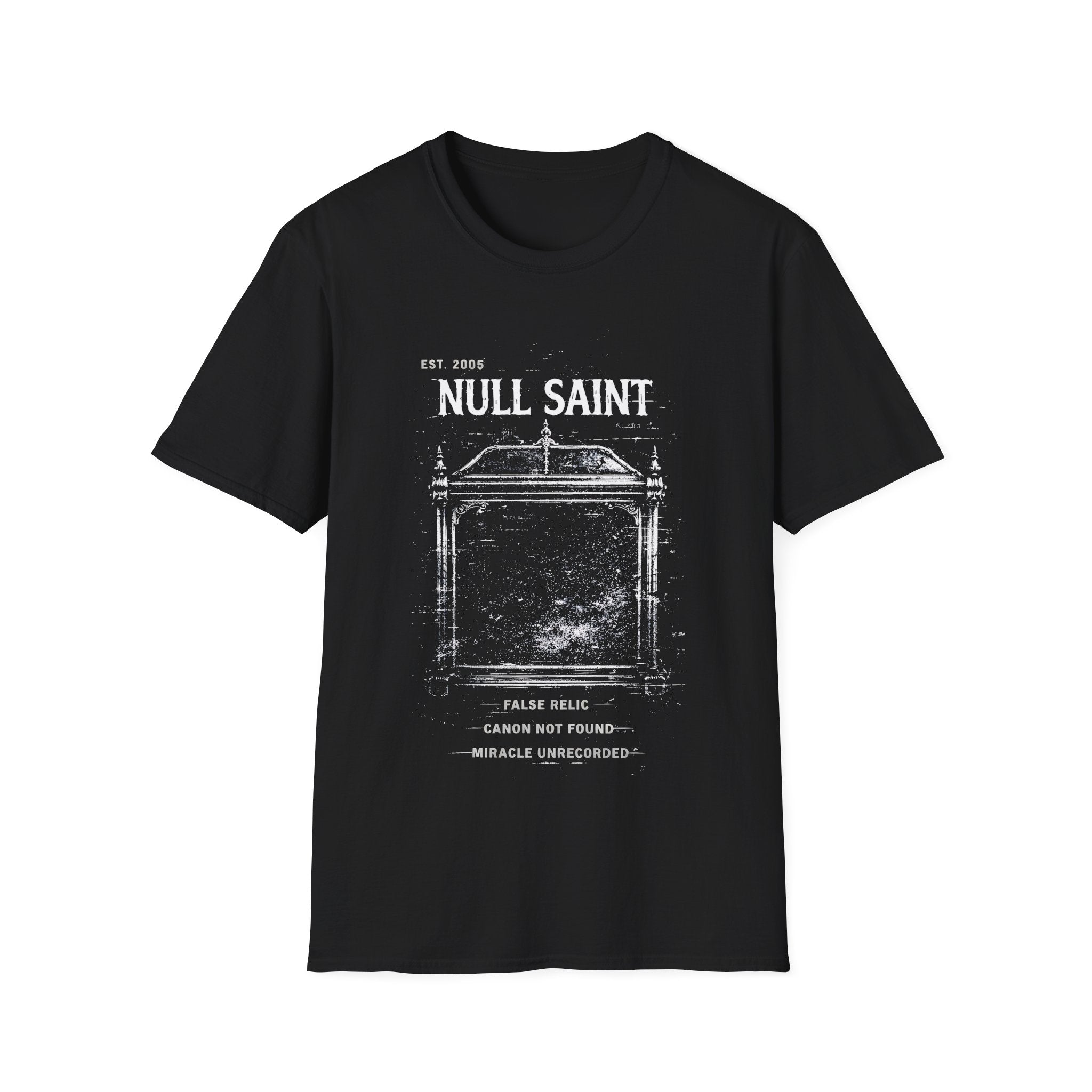 Null Saint distressed archive graphic tee featuring worn white typography, relic-style artwork, and underground grunge styling on a black T-shirt.