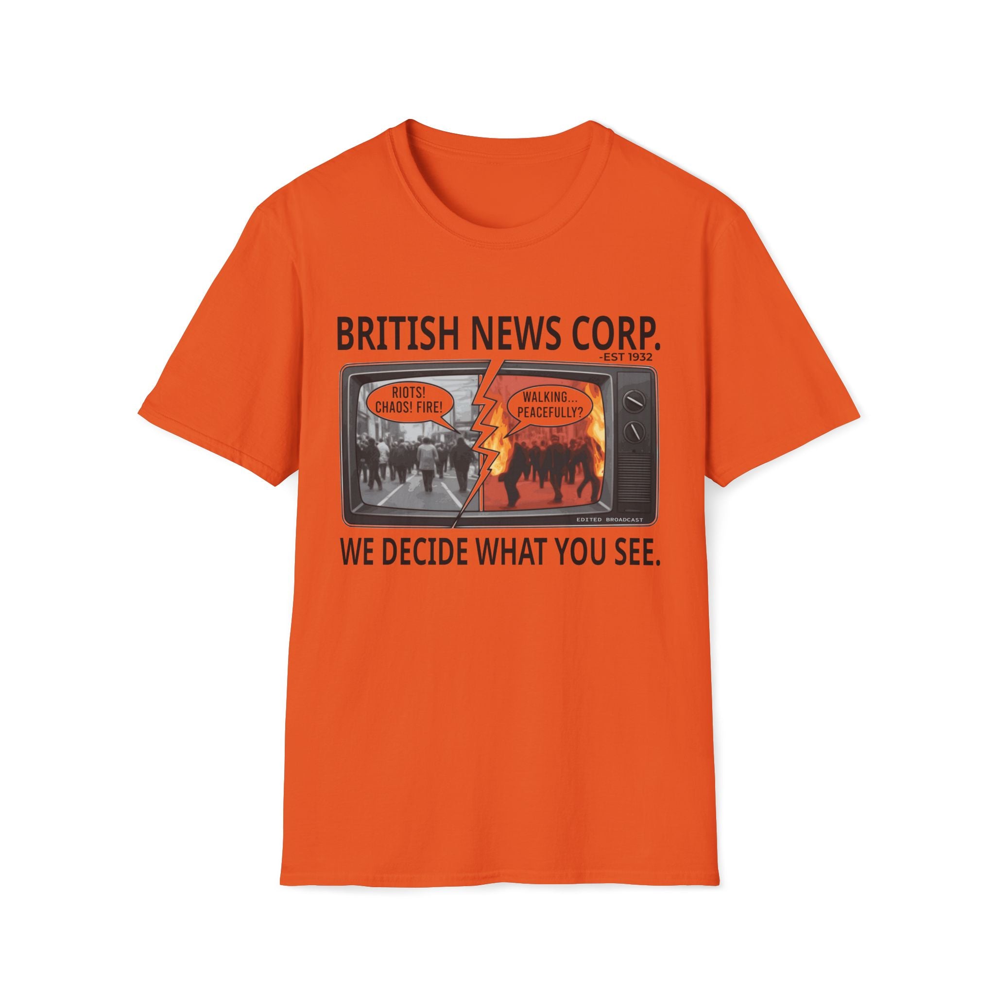 Orange T-shirt featuring British News Corp media bias graphic with split-screen news satire artwork.
