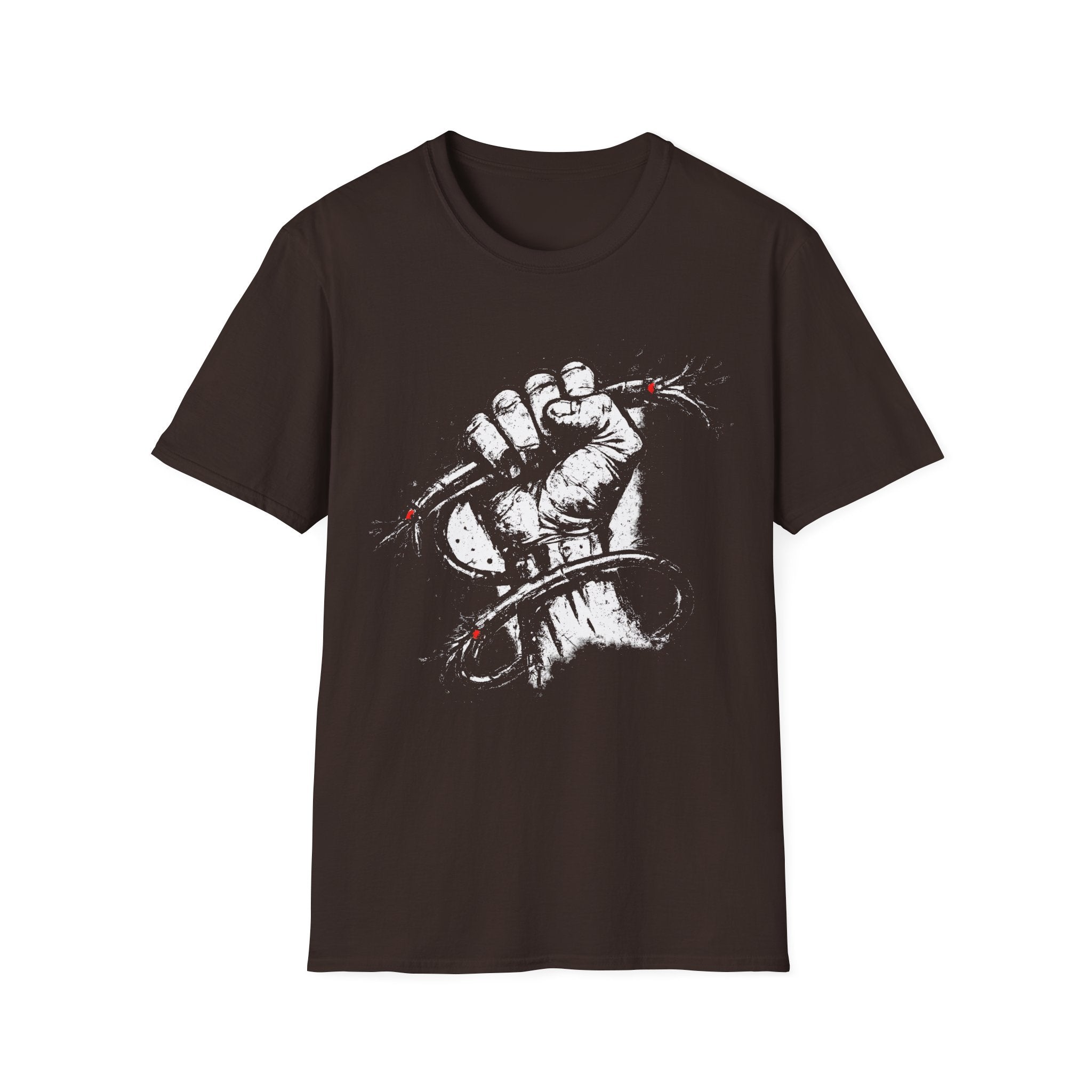 Bold distressed protest Chocolate Brown graphic tee featuring a clenched fist and barbed wire design. A gritty statement T-shirt for punk, grunge, streetwear, and activist-inspired style.