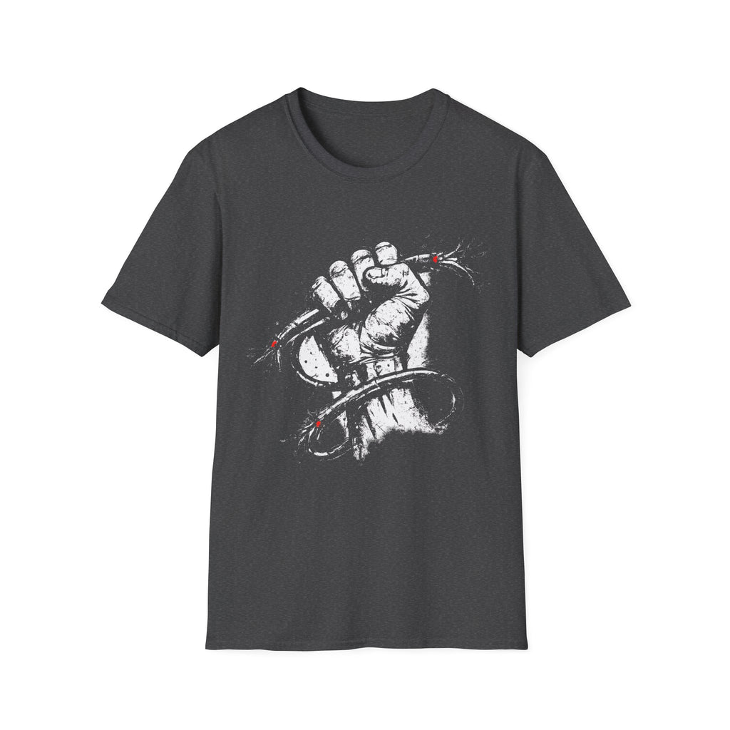 Bold distressed protest dark heather grey graphic tee featuring a clenched fist and barbed wire design. A gritty statement T-shirt for punk, grunge, streetwear, and activist-inspired style.