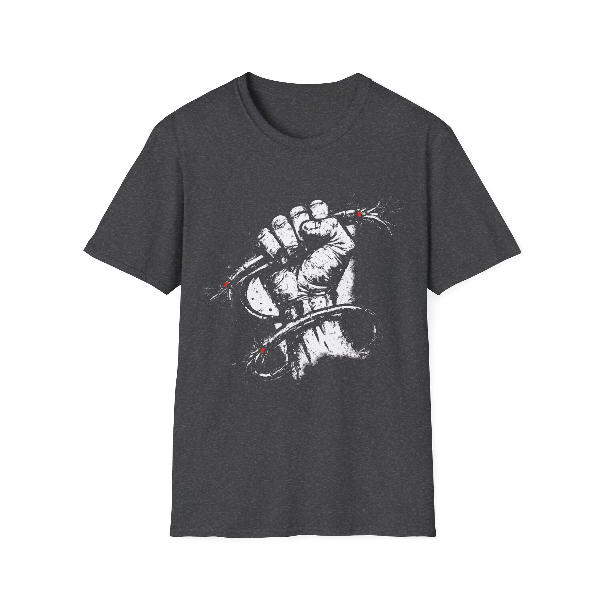 Bold distressed protest dark heather grey graphic tee featuring a clenched fist and barbed wire design. A gritty statement T-shirt for punk, grunge, streetwear, and activist-inspired style.