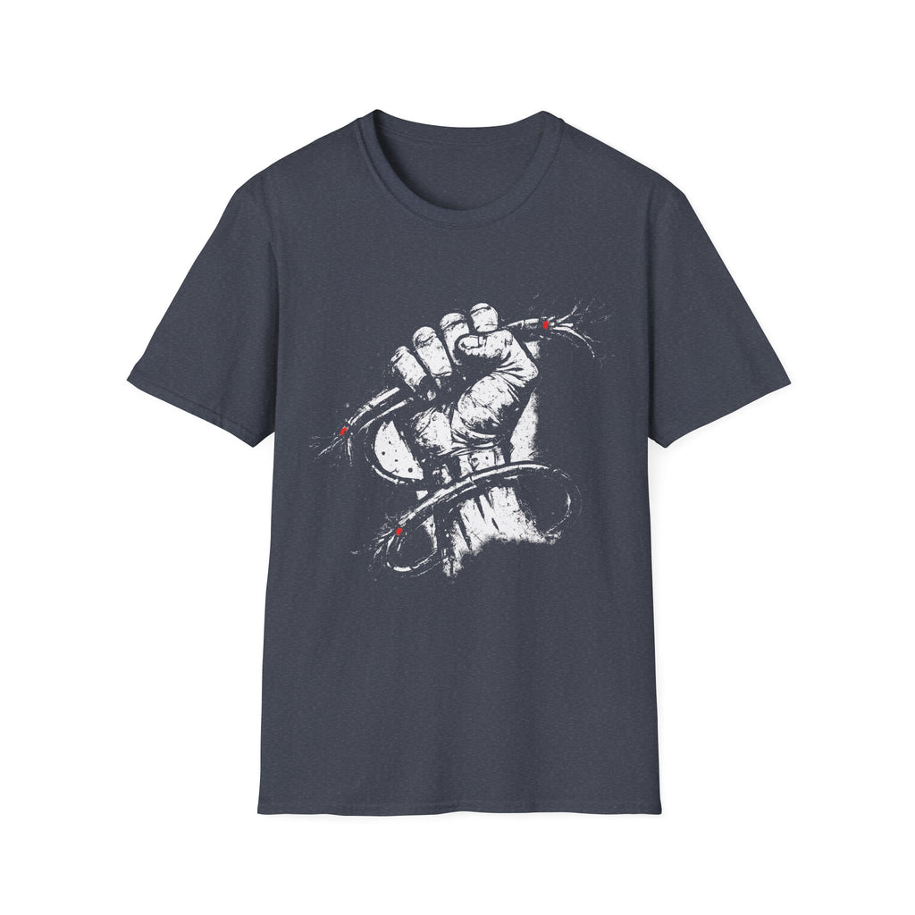 Bold distressed protest heather navy blue graphic tee featuring a clenched fist and barbed wire design. A gritty statement T-shirt for punk, grunge, streetwear, and activist-inspired style.