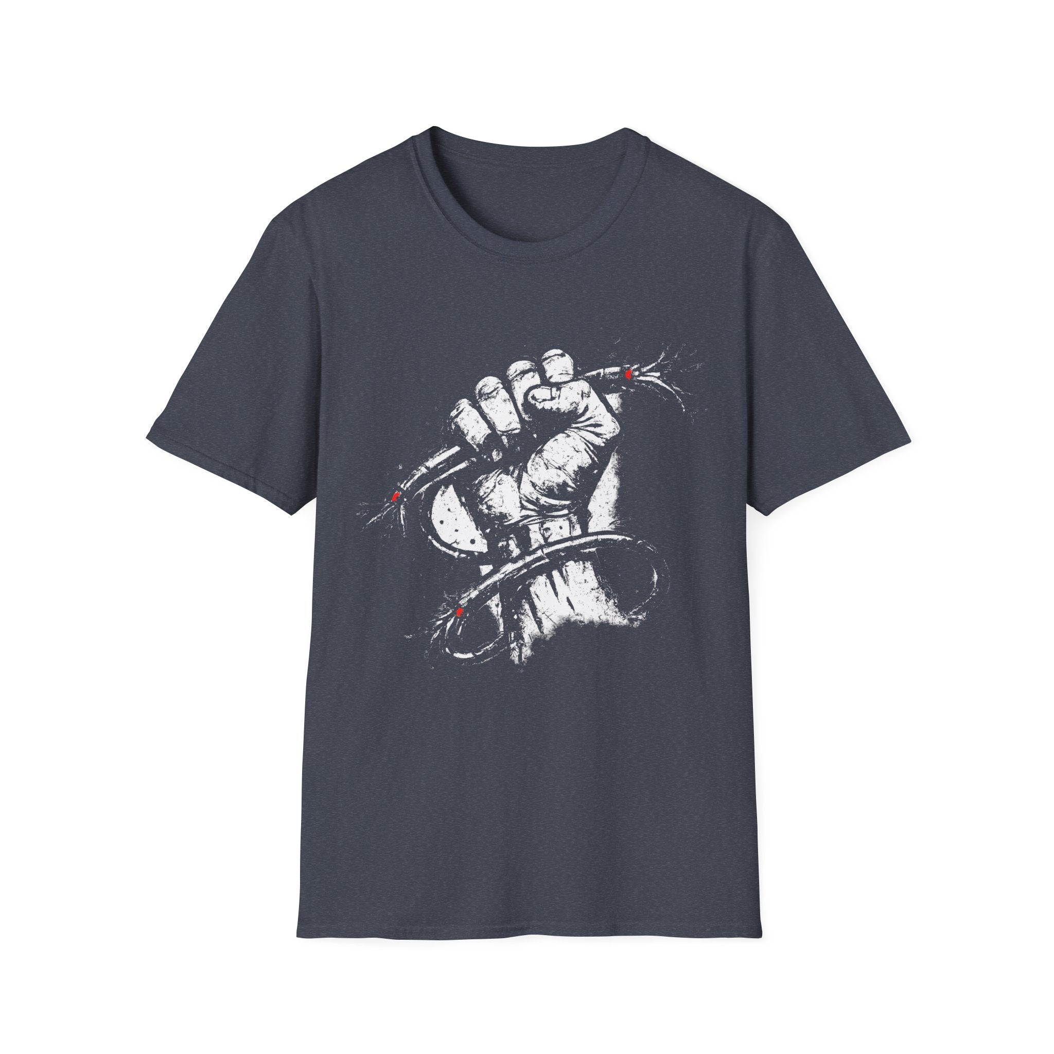 Bold distressed protest heather navy blue graphic tee featuring a clenched fist and barbed wire design. A gritty statement T-shirt for punk, grunge, streetwear, and activist-inspired style.
