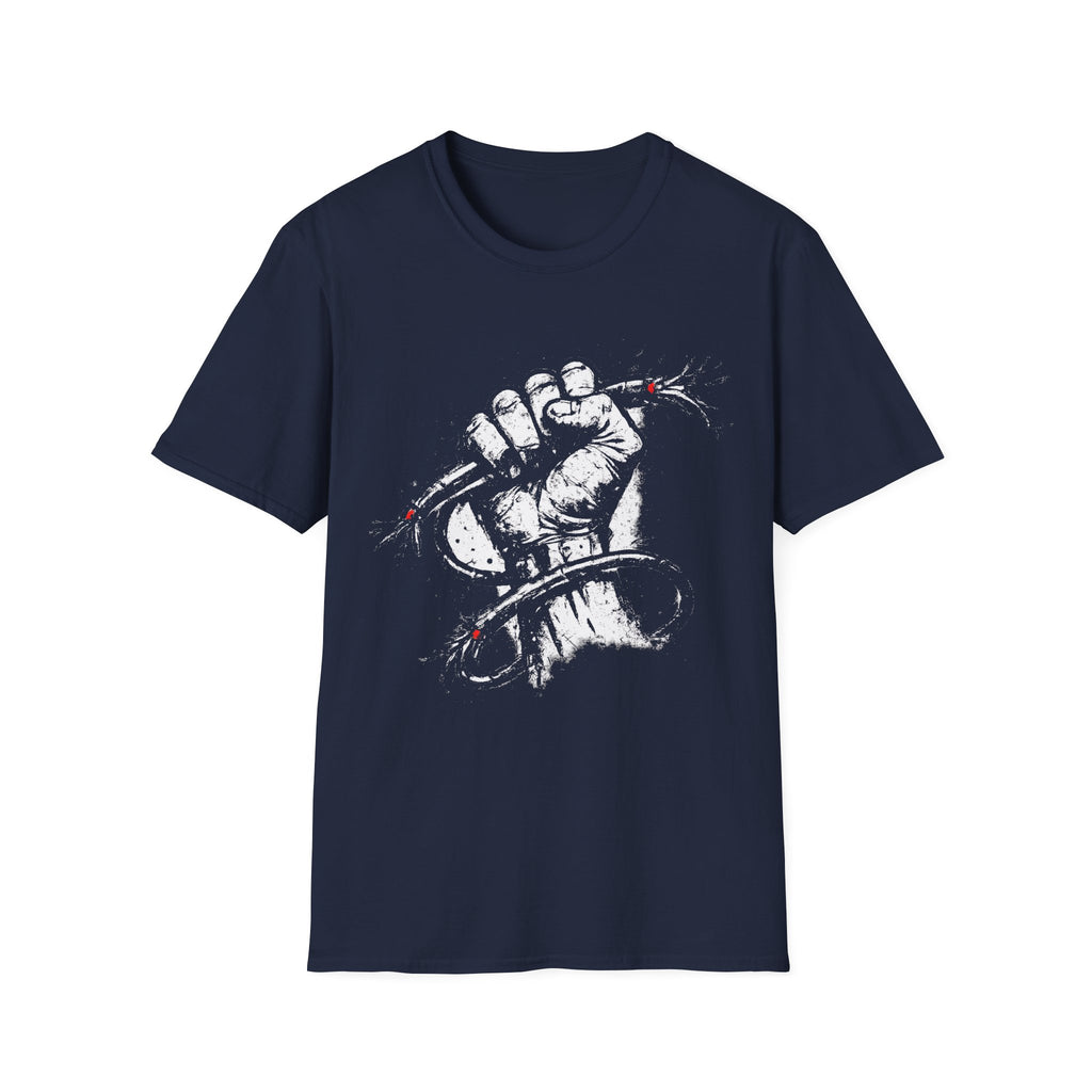 Bold distressed grunge protest navy blue graphic tee featuring a clenched fist and barbed wire design. A gritty statement T-shirt for punk, grunge, streetwear, and activist-inspired style.