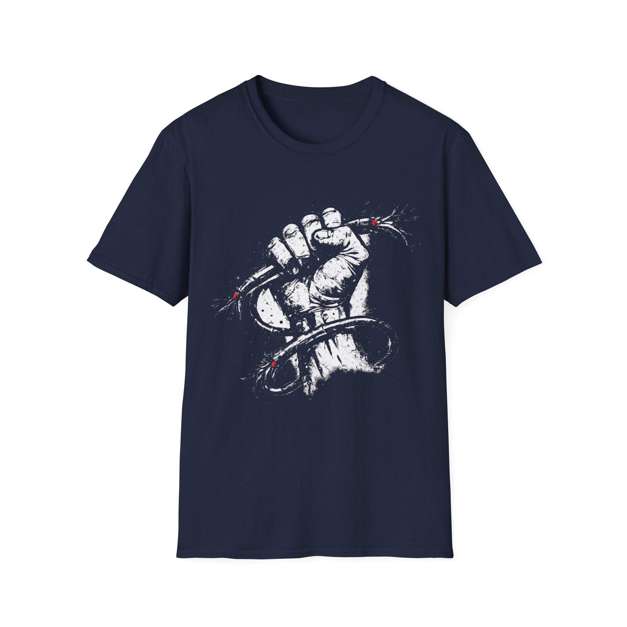 Bold distressed grunge protest navy blue graphic tee featuring a clenched fist and barbed wire design. A gritty statement T-shirt for punk, grunge, streetwear, and activist-inspired style.