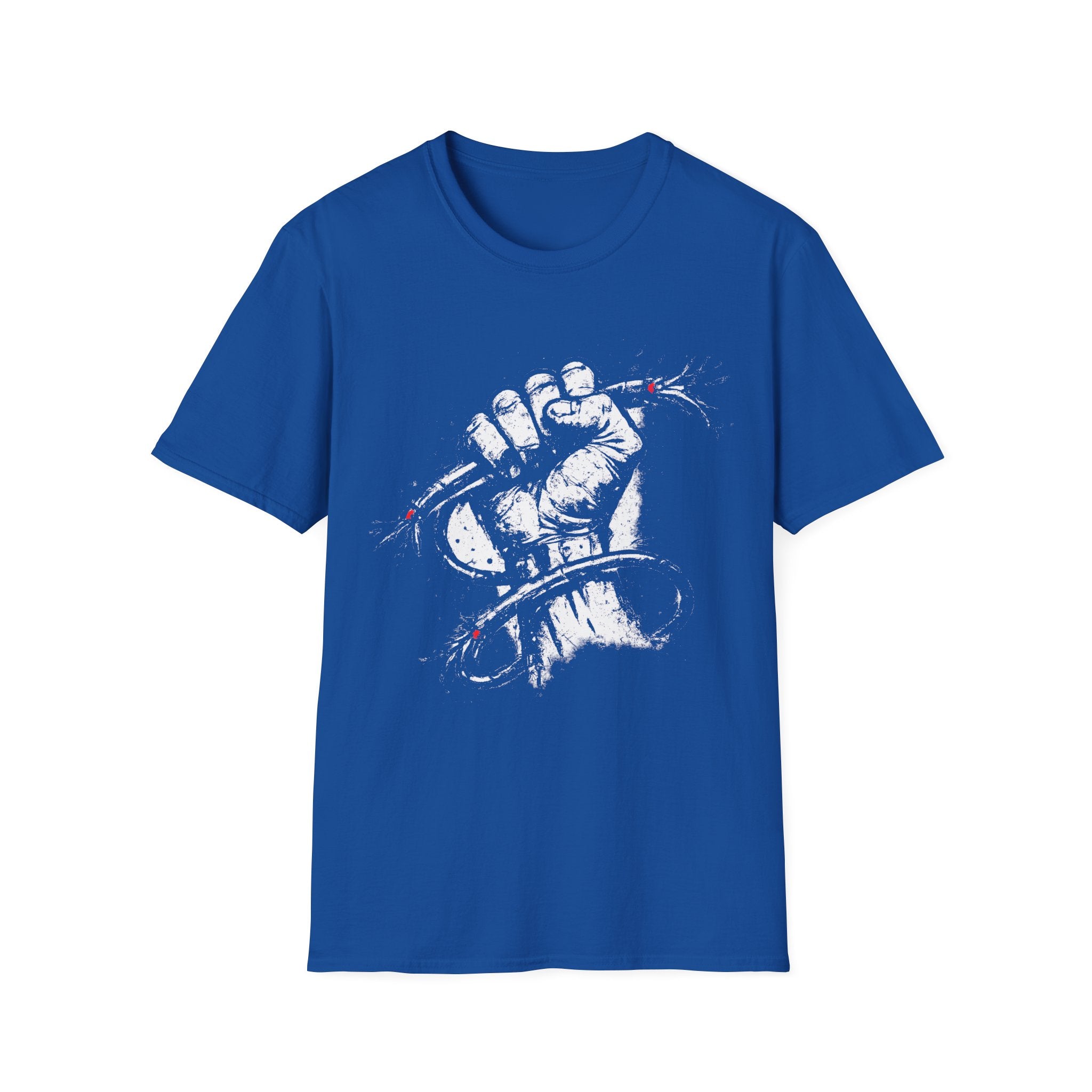 Bold distressed protest royal blue graphic tee featuring a clenched fist and barbed wire design. A gritty statement T-shirt for punk, grunge, streetwear, and activist-inspired style.
