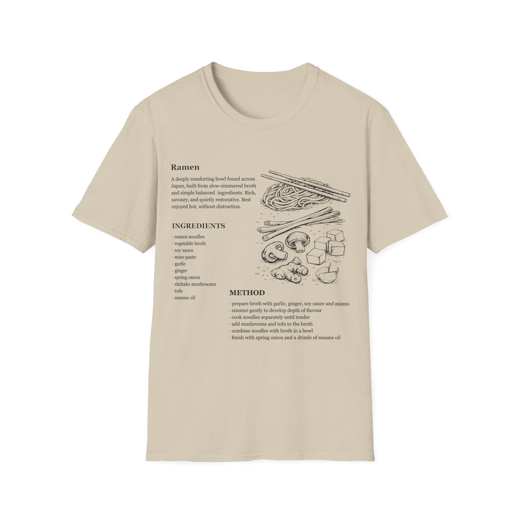 Beige Sand Gildan 64000 Softstyle T-shirt featuring a ramen recipe graphic with ingredients, method text, chopsticks, noodles, mushrooms, tofu, ginger, and Japanese food line art.