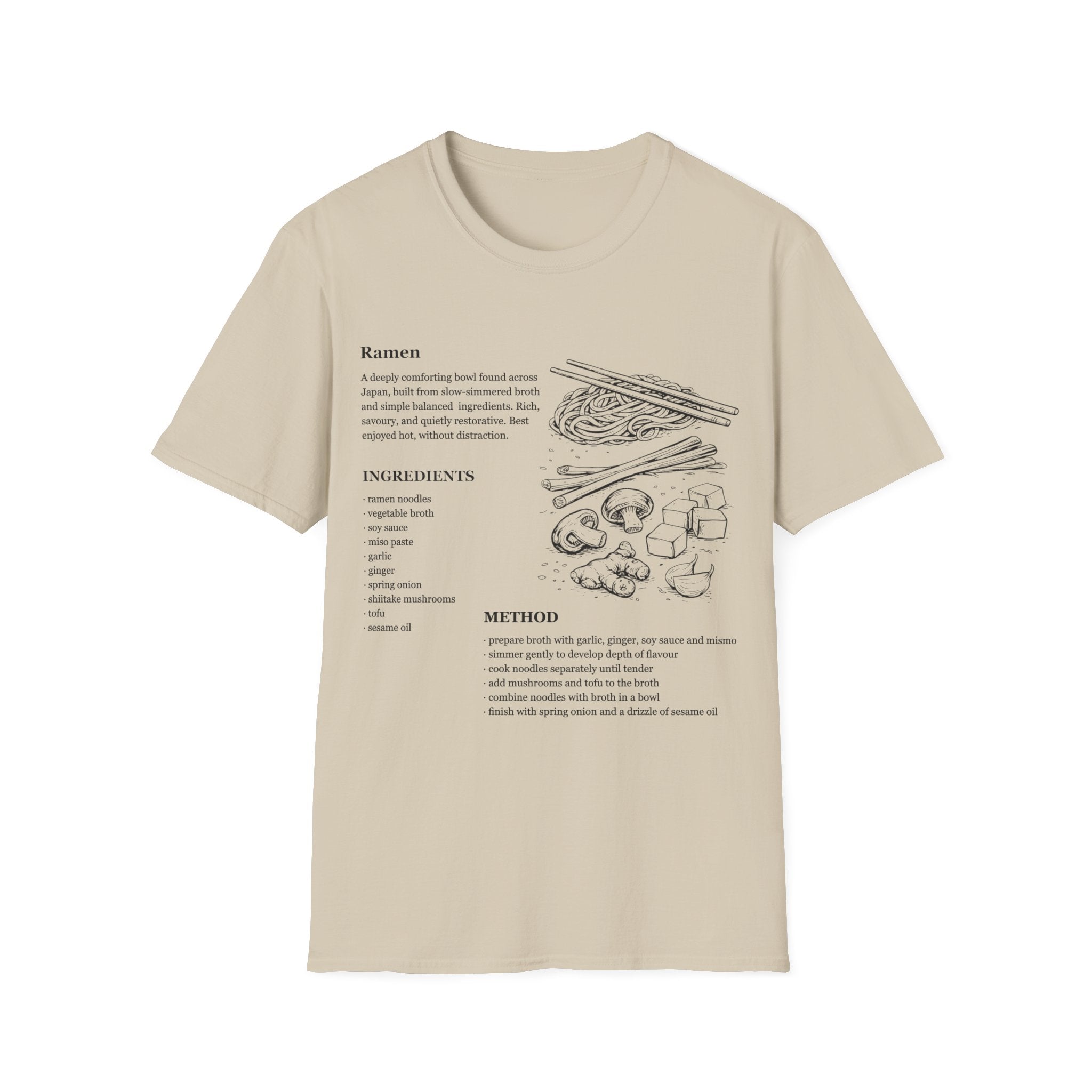 Beige Sand Gildan 64000 Softstyle T-shirt featuring a ramen recipe graphic with ingredients, method text, chopsticks, noodles, mushrooms, tofu, ginger, and Japanese food line art.