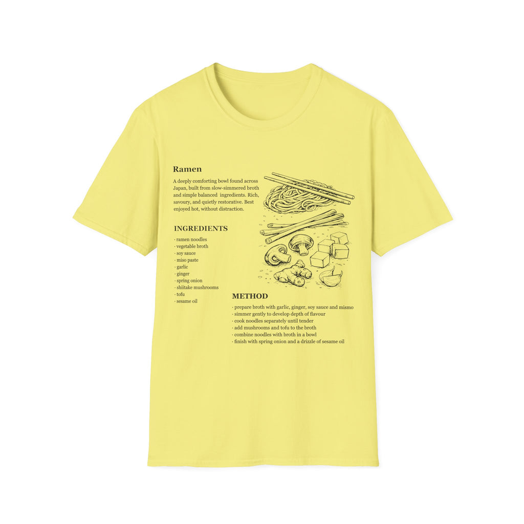 Cornsilk Yellow Gildan 64000 Softstyle T-shirt featuring a ramen recipe graphic with ingredients, method text, chopsticks, noodles, mushrooms, tofu, ginger, and Japanese food line art.