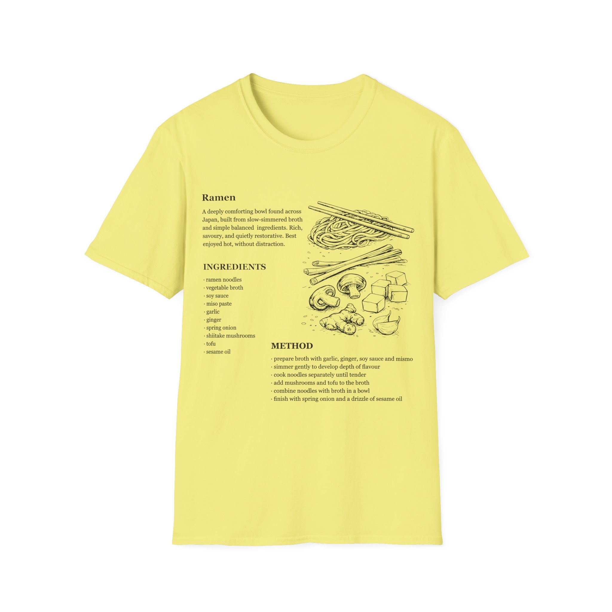 Cornsilk Yellow Gildan 64000 Softstyle T-shirt featuring a ramen recipe graphic with ingredients, method text, chopsticks, noodles, mushrooms, tofu, ginger, and Japanese food line art.