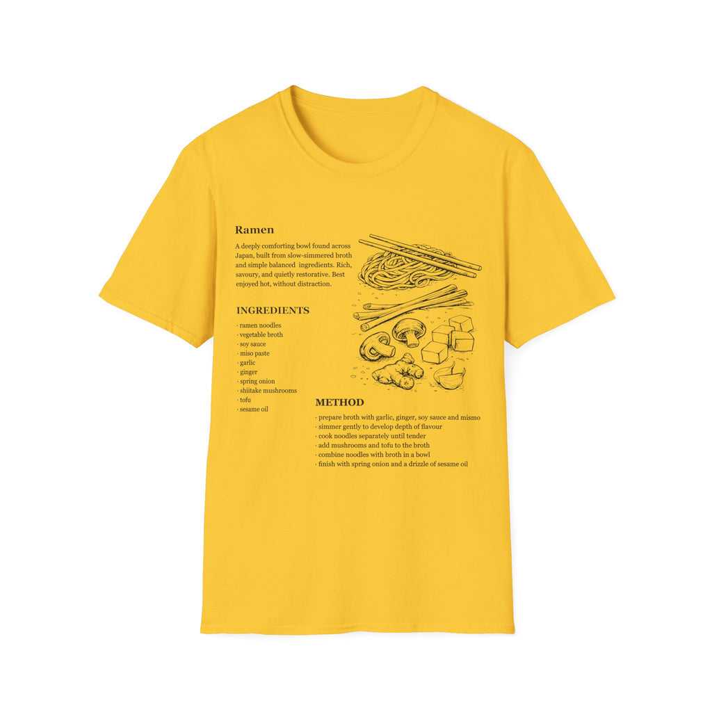 Daisy Yellow Gildan 64000 Softstyle T-shirt featuring a ramen recipe graphic with ingredients, method text, chopsticks, noodles, mushrooms, tofu, ginger, and Japanese food line art.