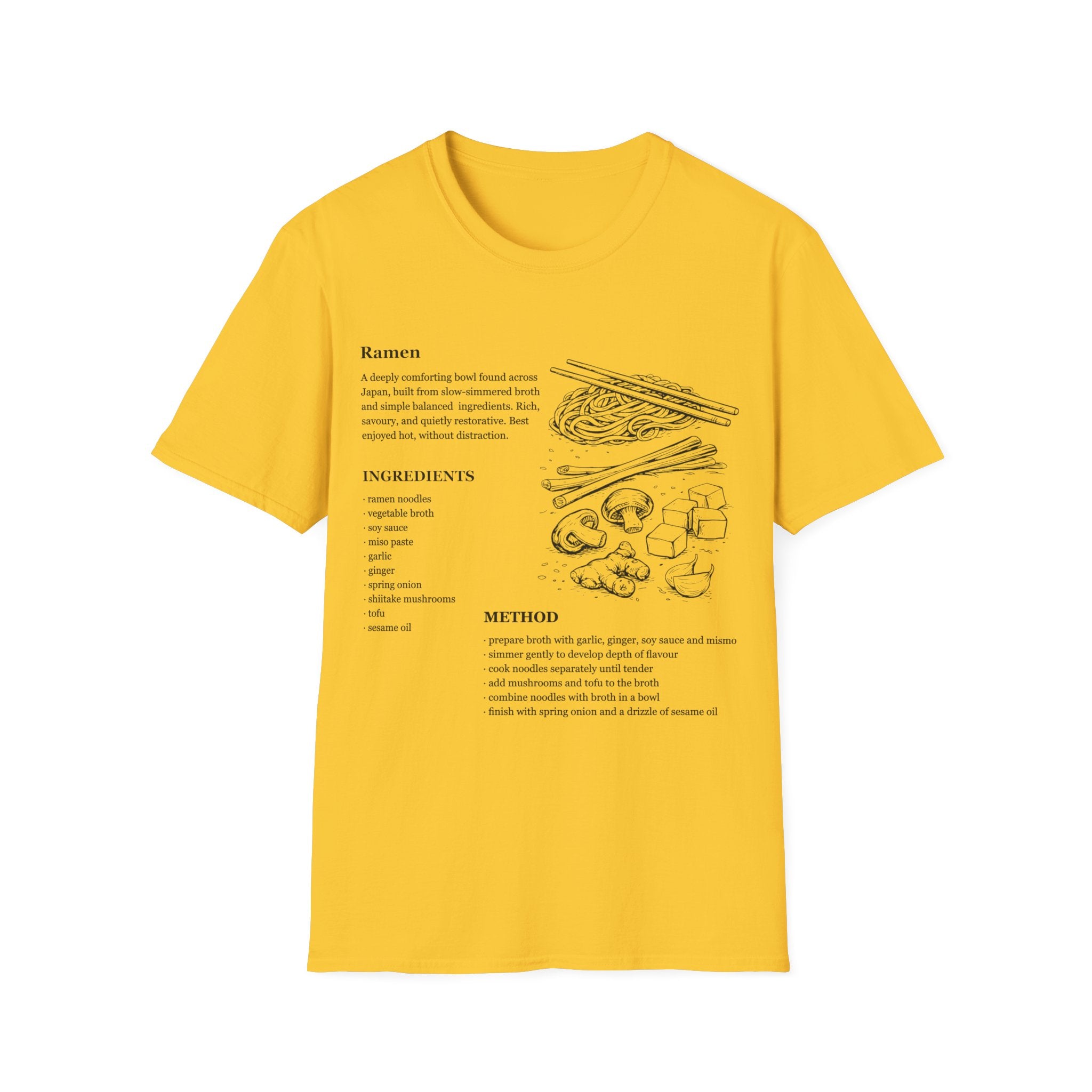 Daisy Yellow Gildan 64000 Softstyle T-shirt featuring a ramen recipe graphic with ingredients, method text, chopsticks, noodles, mushrooms, tofu, ginger, and Japanese food line art.