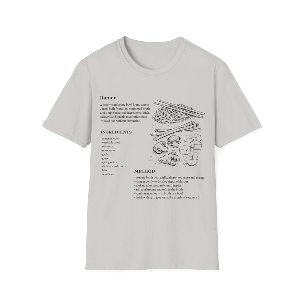 Ice Grey Gildan 64000 Softstyle T-shirt featuring a ramen recipe graphic with ingredients, method text, chopsticks, noodles, mushrooms, tofu, ginger, and Japanese food line art.