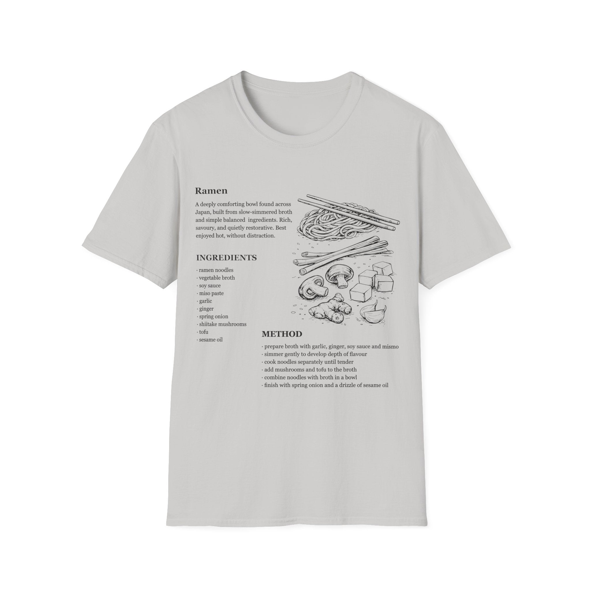 Ice Grey Gildan 64000 Softstyle T-shirt featuring a ramen recipe graphic with ingredients, method text, chopsticks, noodles, mushrooms, tofu, ginger, and Japanese food line art.