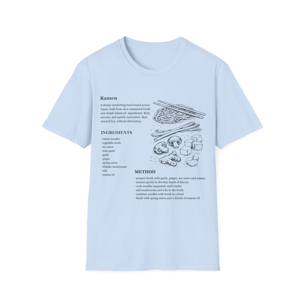 Light Blue Gildan 64000 Softstyle T-shirt featuring a ramen recipe graphic with ingredients, method text, chopsticks, noodles, mushrooms, tofu, ginger, and Japanese food line art.