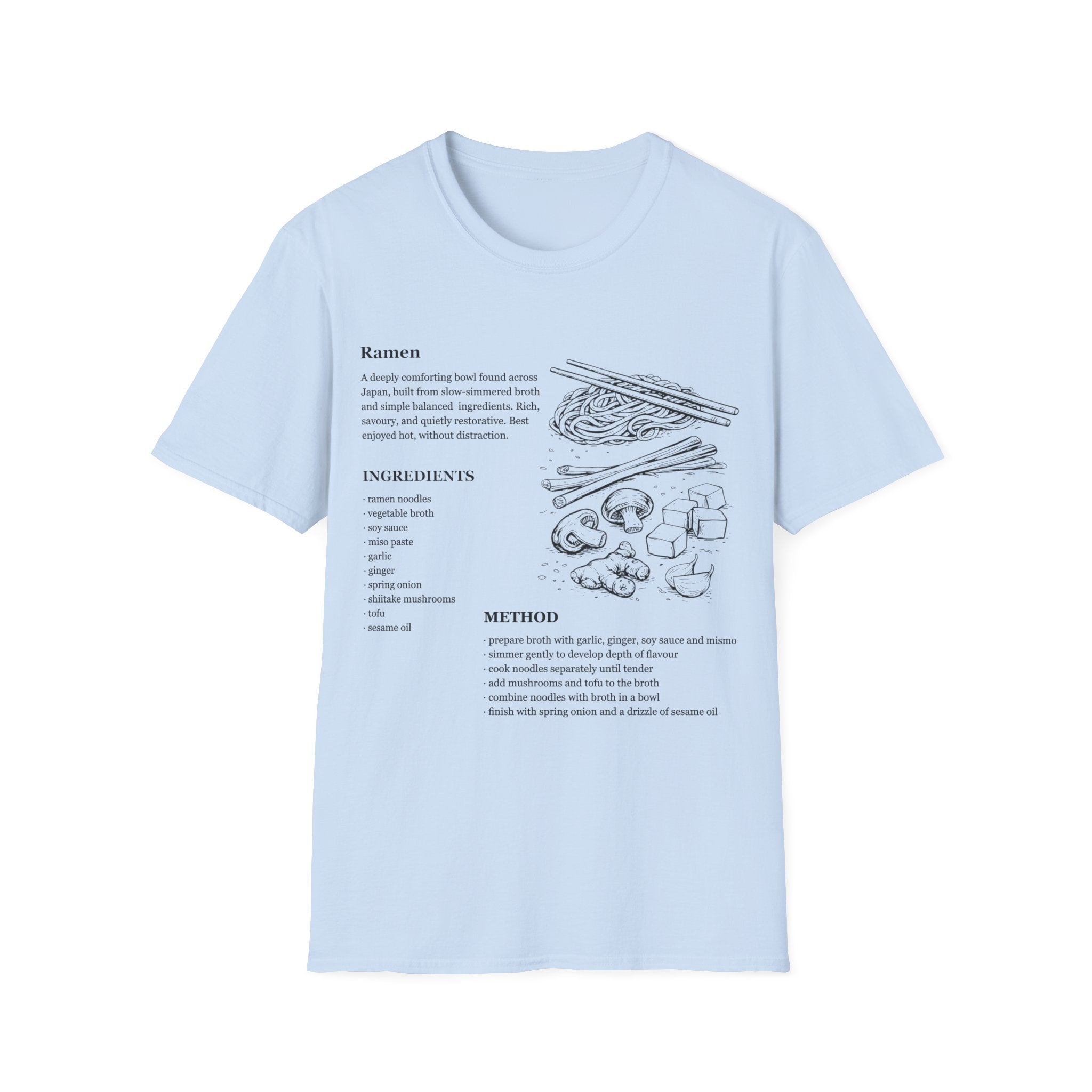 Light Blue Gildan 64000 Softstyle T-shirt featuring a ramen recipe graphic with ingredients, method text, chopsticks, noodles, mushrooms, tofu, ginger, and Japanese food line art.