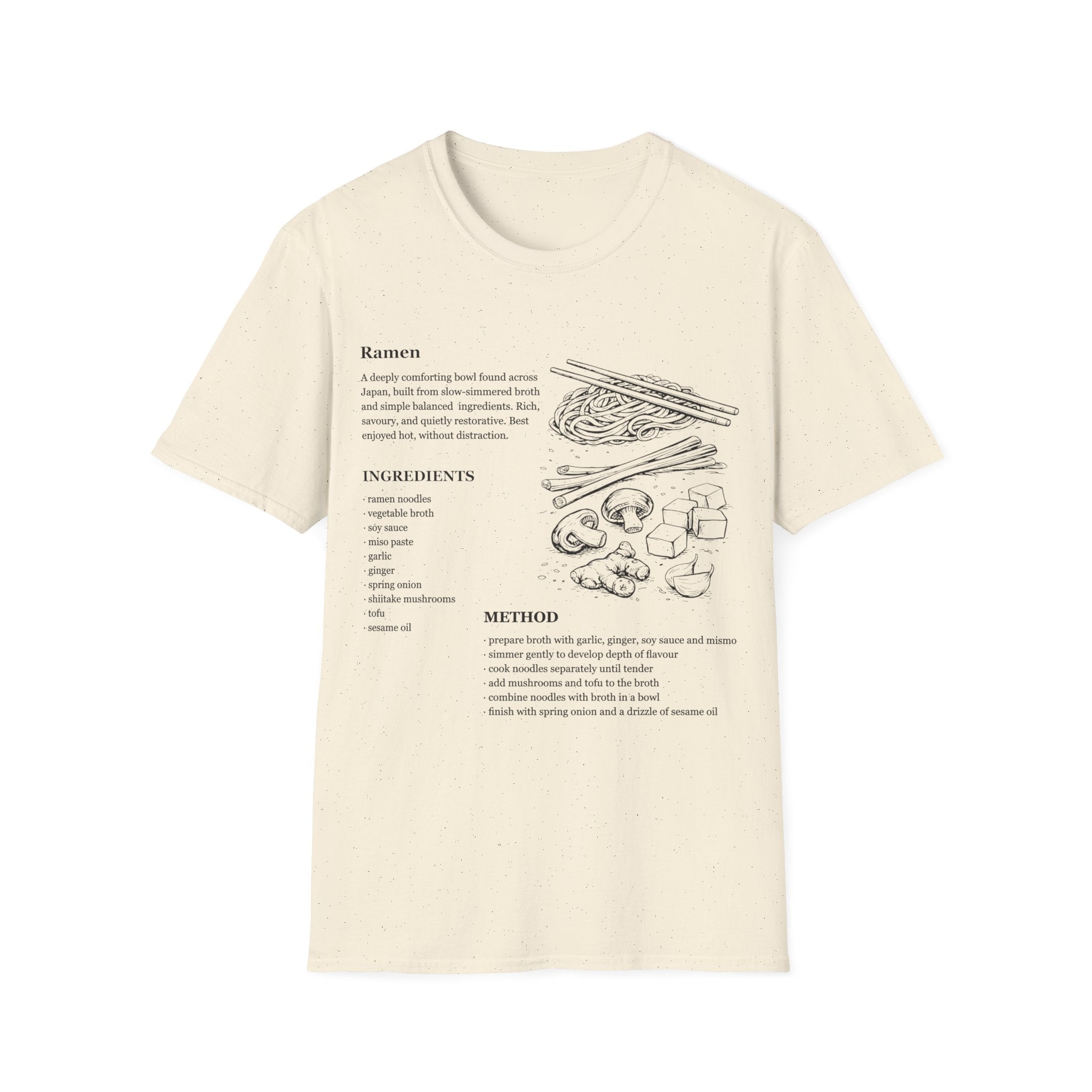Natural Beige Gildan 64000 Softstyle T-shirt featuring a ramen recipe graphic with ingredients, method text, chopsticks, noodles, mushrooms, tofu, ginger, and Japanese food line art.