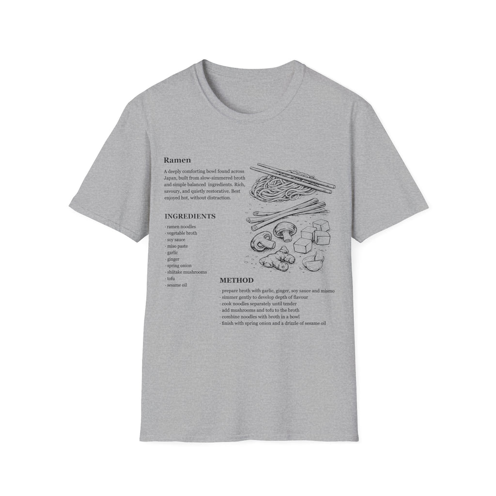 Sports Grey Gildan 64000 Softstyle T-shirt featuring a ramen recipe graphic with ingredients, method text, chopsticks, noodles, mushrooms, tofu, ginger, and Japanese food line art.