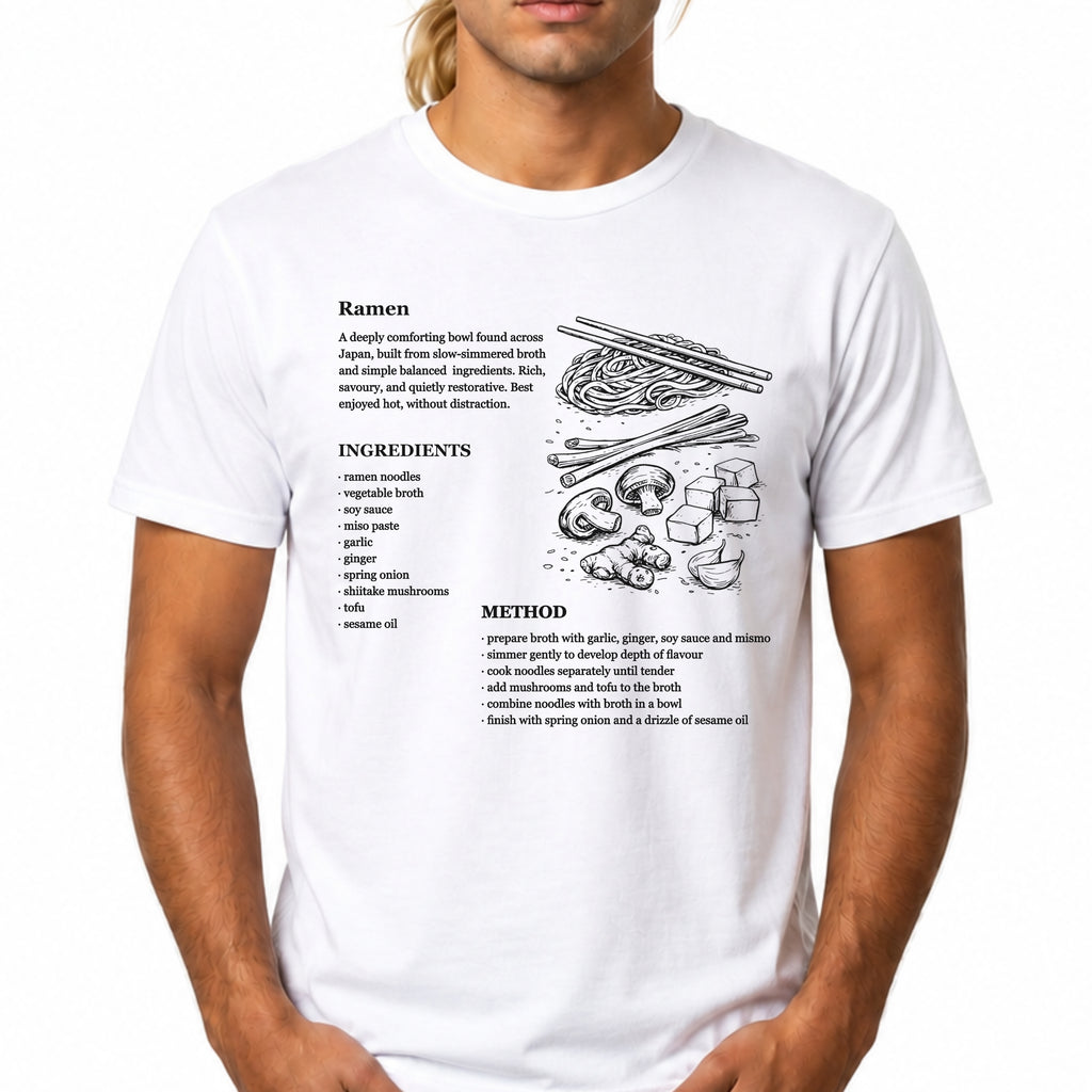 White Gildan 64000 Softstyle T-shirt featuring a ramen recipe graphic with ingredients, method text, chopsticks, noodles, mushrooms, tofu, ginger, and Japanese food line art.