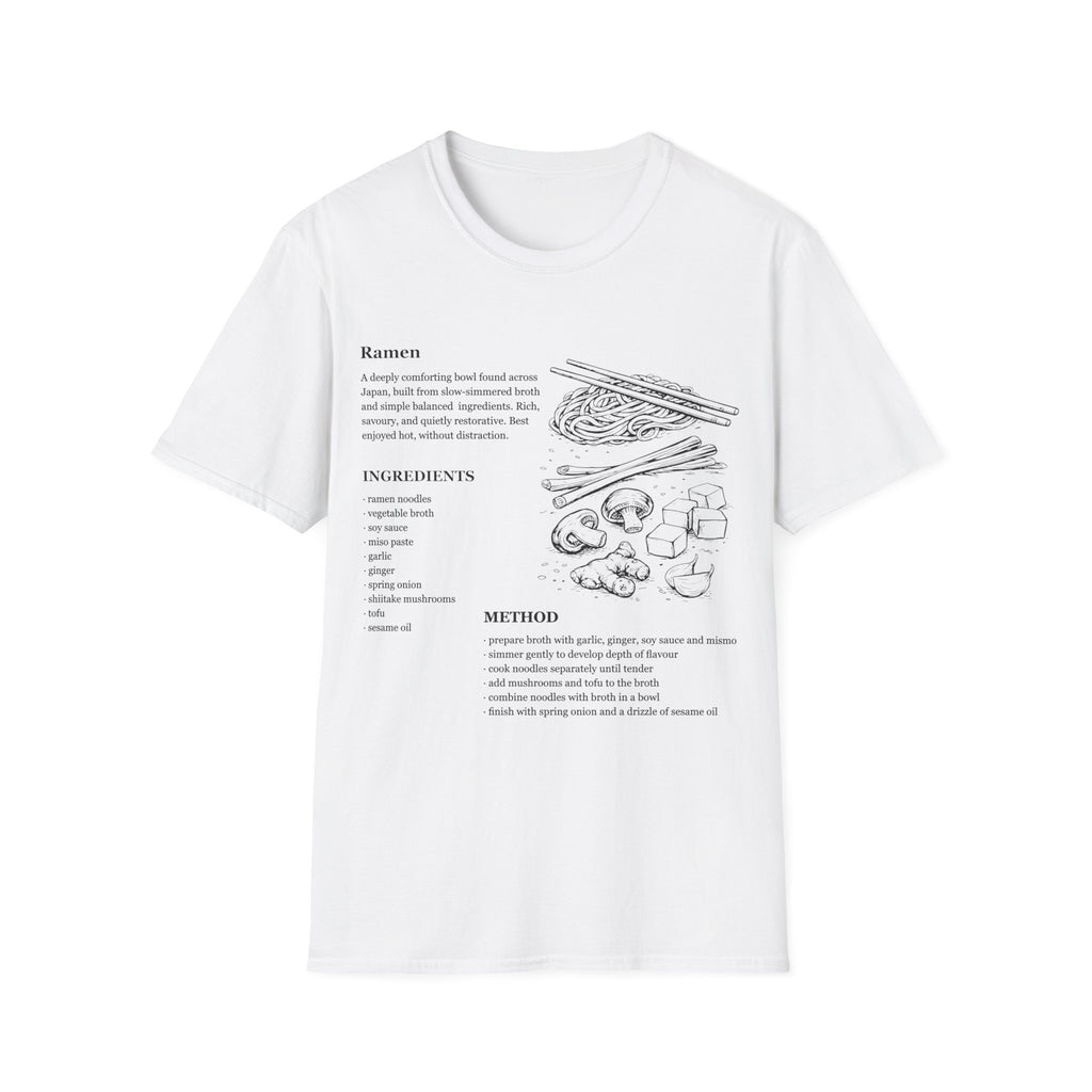 White Gildan 64000 Softstyle T-shirt featuring a ramen recipe graphic with ingredients, method text, chopsticks, noodles, mushrooms, tofu, ginger, and Japanese food line art.