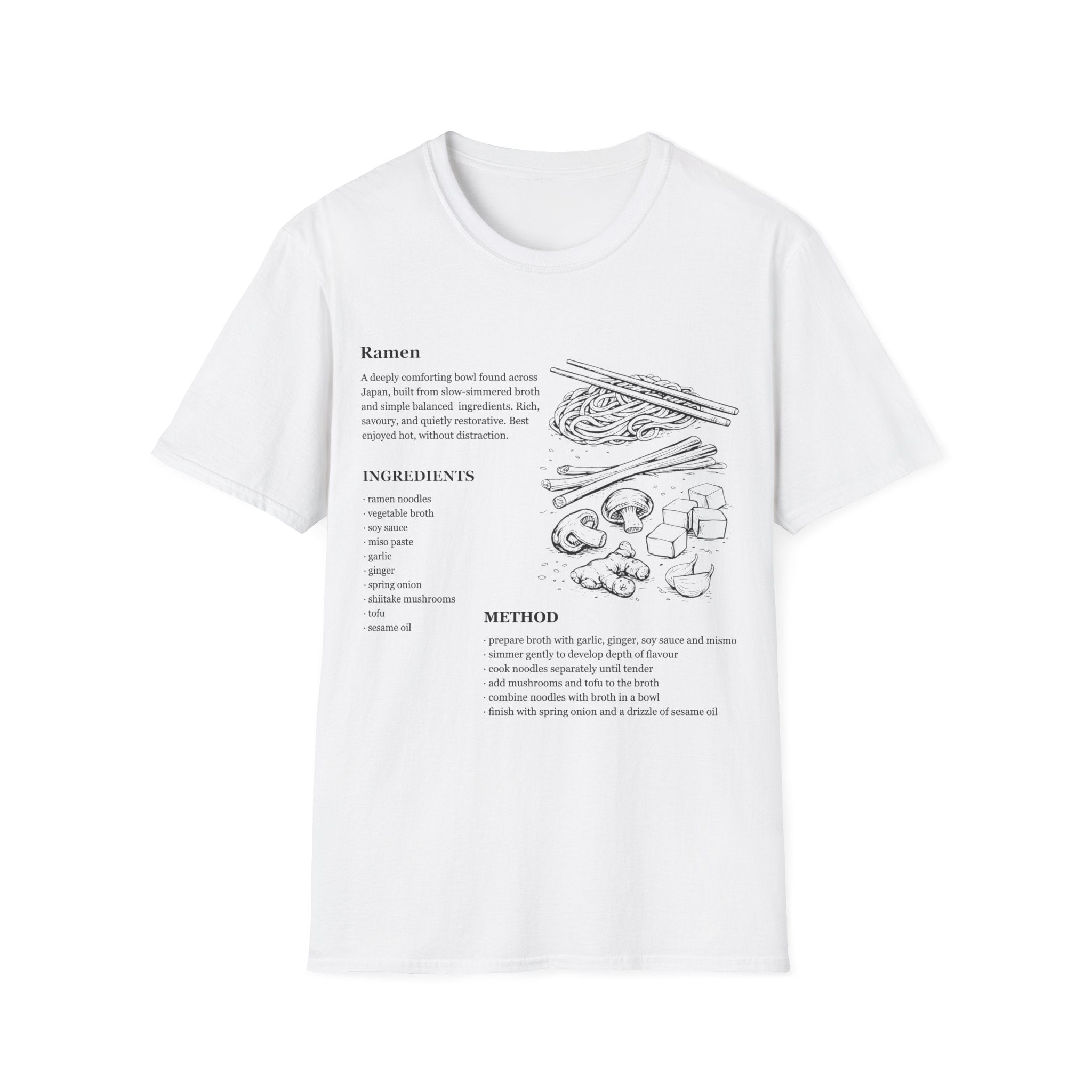 White Gildan 64000 Softstyle T-shirt featuring a ramen recipe graphic with ingredients, method text, chopsticks, noodles, mushrooms, tofu, ginger, and Japanese food line art.
