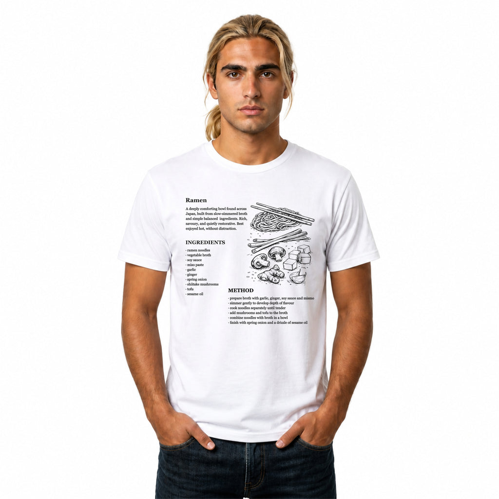 White Gildan 64000 Softstyle T-shirt featuring a ramen recipe graphic with ingredients, method text, chopsticks, noodles, mushrooms, tofu, ginger, and Japanese food line art.