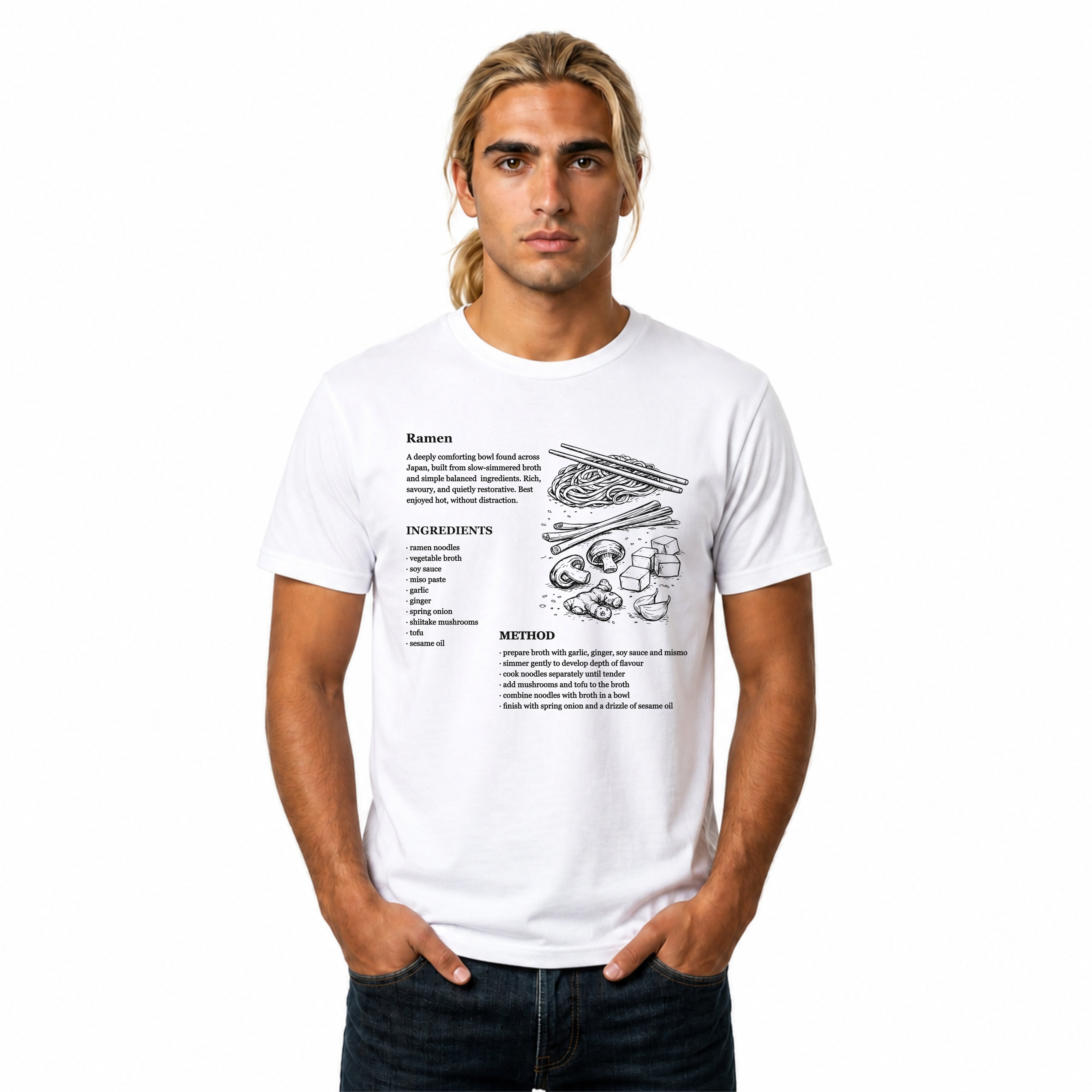 White Gildan 64000 Softstyle T-shirt featuring a ramen recipe graphic with ingredients, method text, chopsticks, noodles, mushrooms, tofu, ginger, and Japanese food line art.