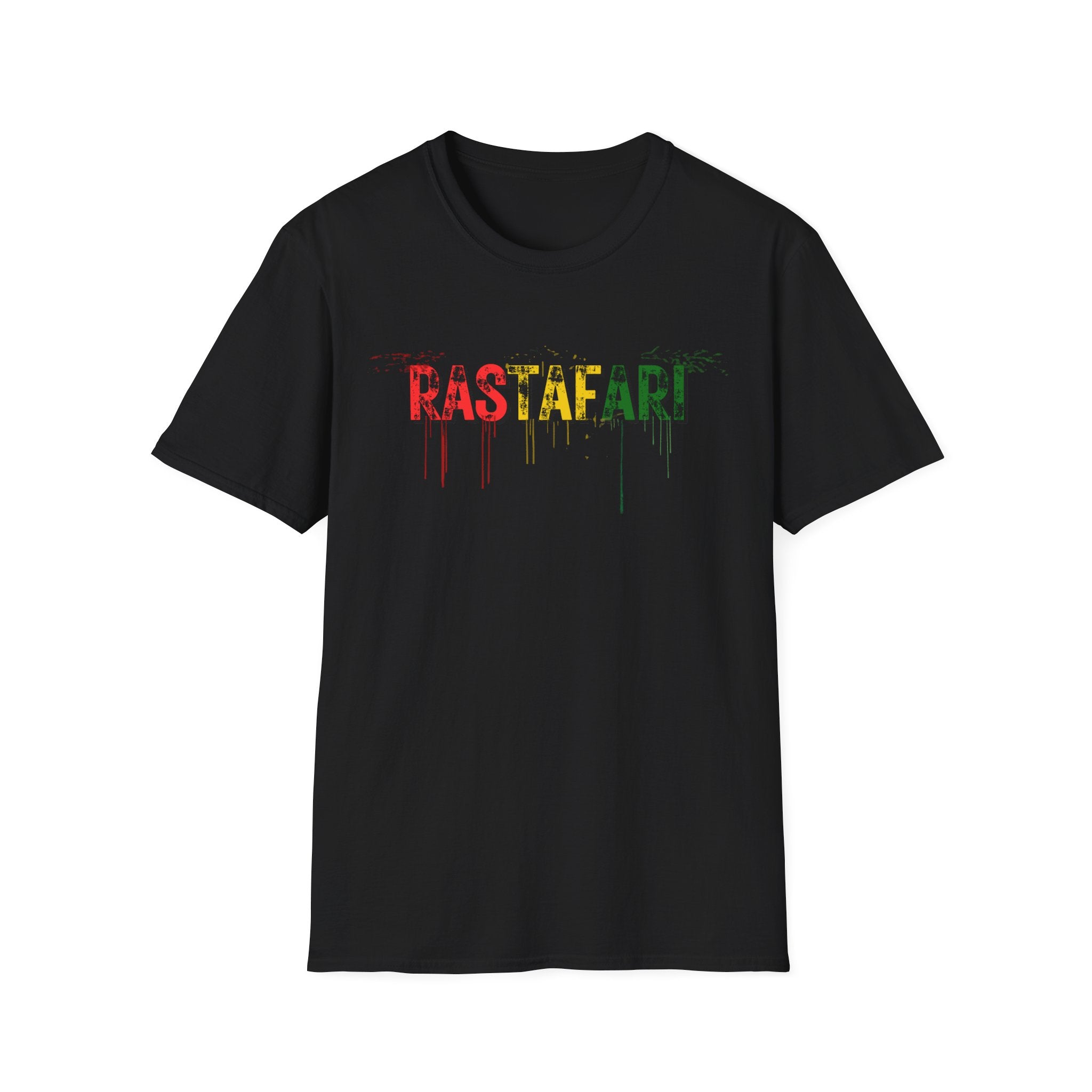 Rastafari graphic T-shirt with a distressed red, gold, and green wordmark on a black tee. A reggae-inspired streetwear tee with bold colour and relaxed roots energy.