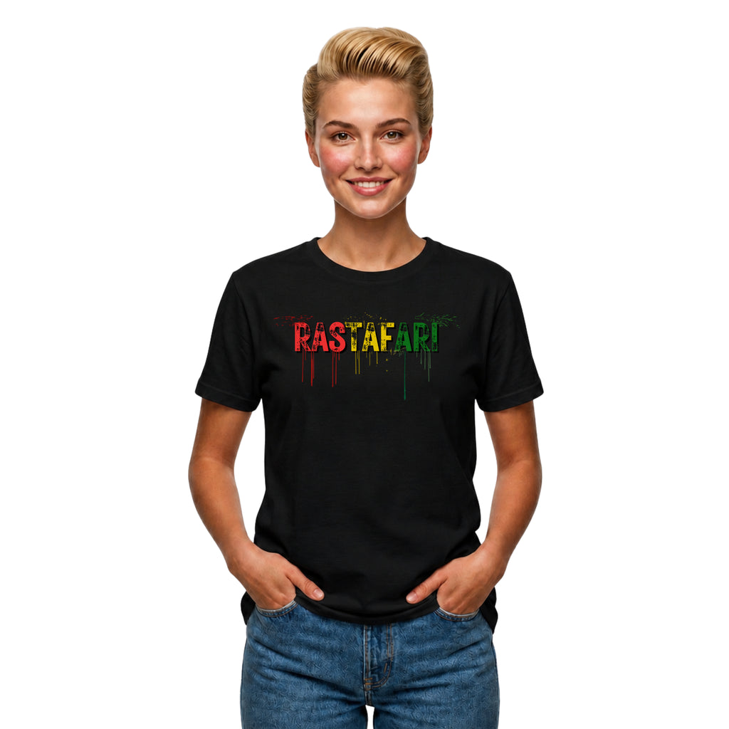 black t-shirt with 'Rastafari' text in colorful letters on a white background