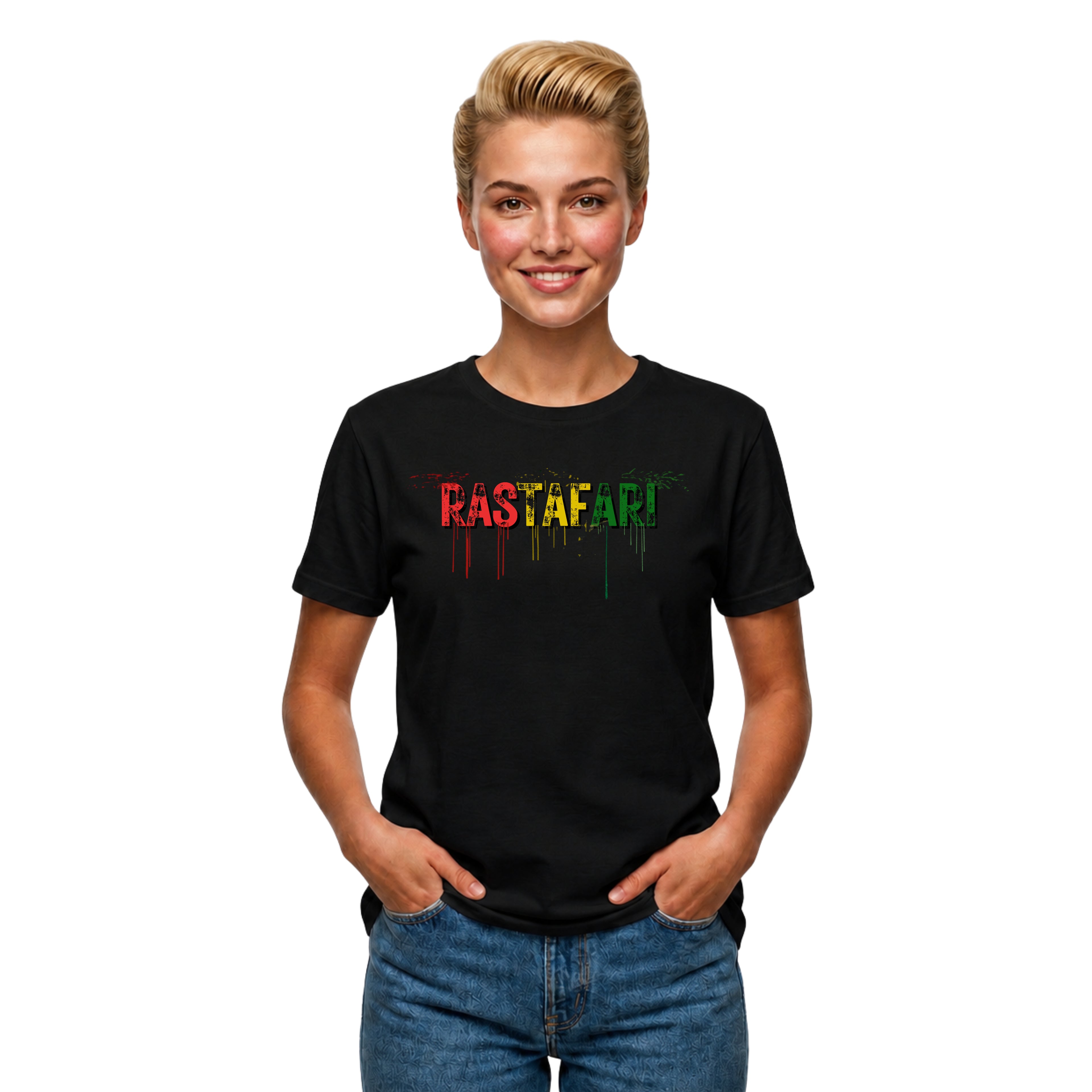 black t-shirt with 'Rastafari' text in colorful letters on a white background