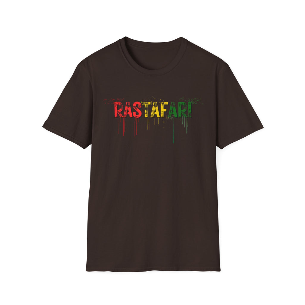 Rastafari graphic T-shirt with a distressed red, gold, and green wordmark on a chocolate brown tee. A reggae-inspired streetwear tee with bold colour and relaxed roots energy.