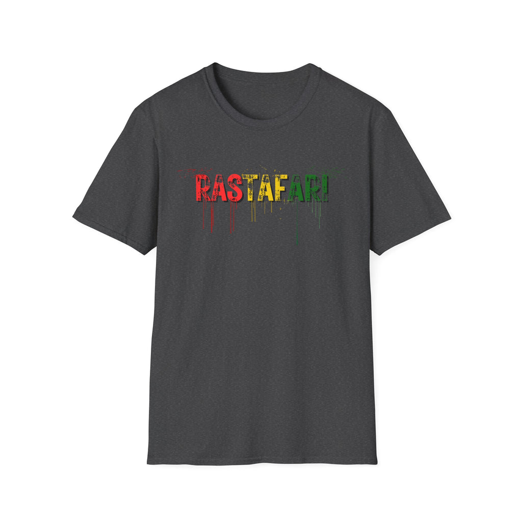 Rastafari graphic T-shirt with a distressed red, gold, and green wordmark on a dark heather tee. A reggae-inspired streetwear tee with bold colour and relaxed roots energy.