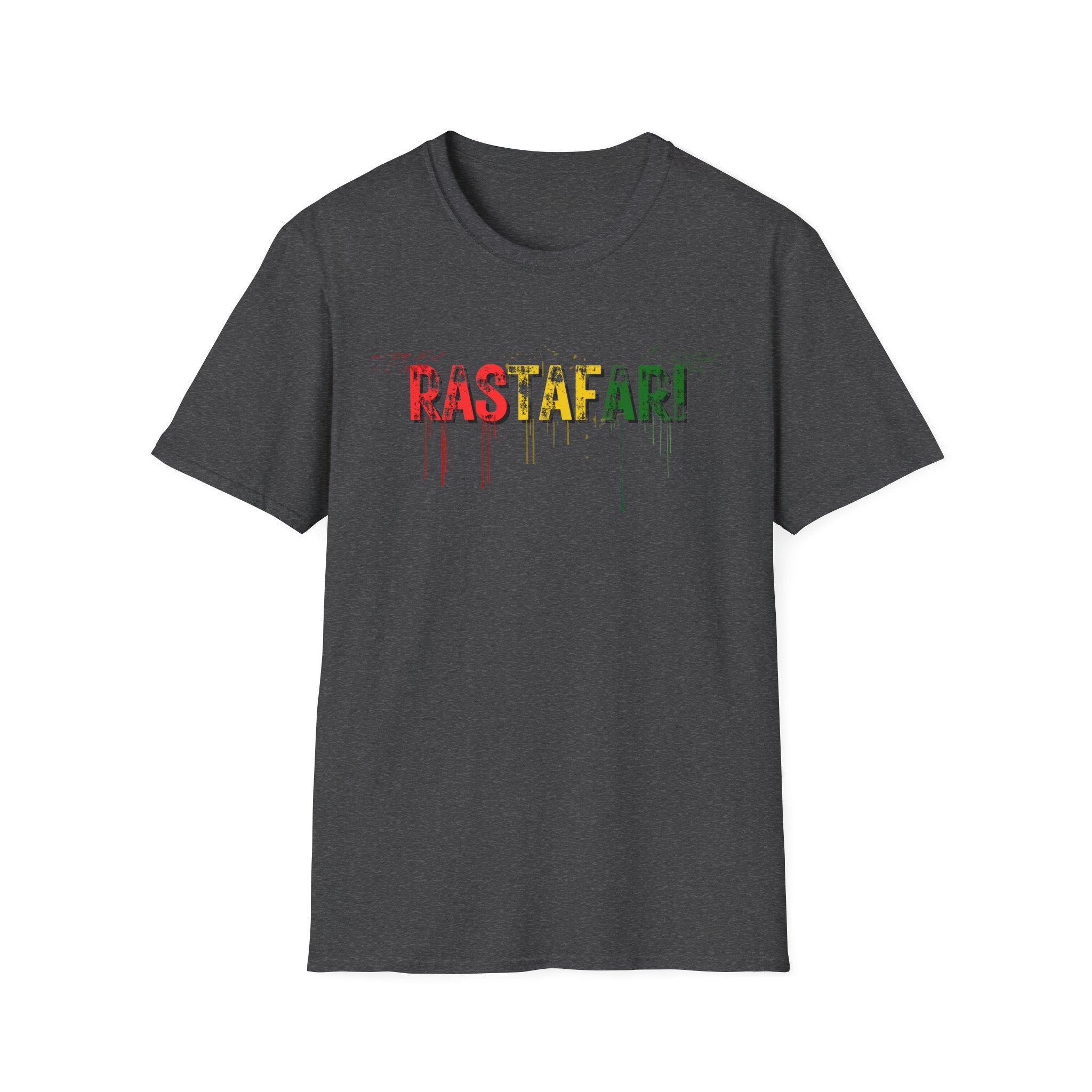 Rastafari graphic T-shirt with a distressed red, gold, and green wordmark on a dark heather tee. A reggae-inspired streetwear tee with bold colour and relaxed roots energy.
