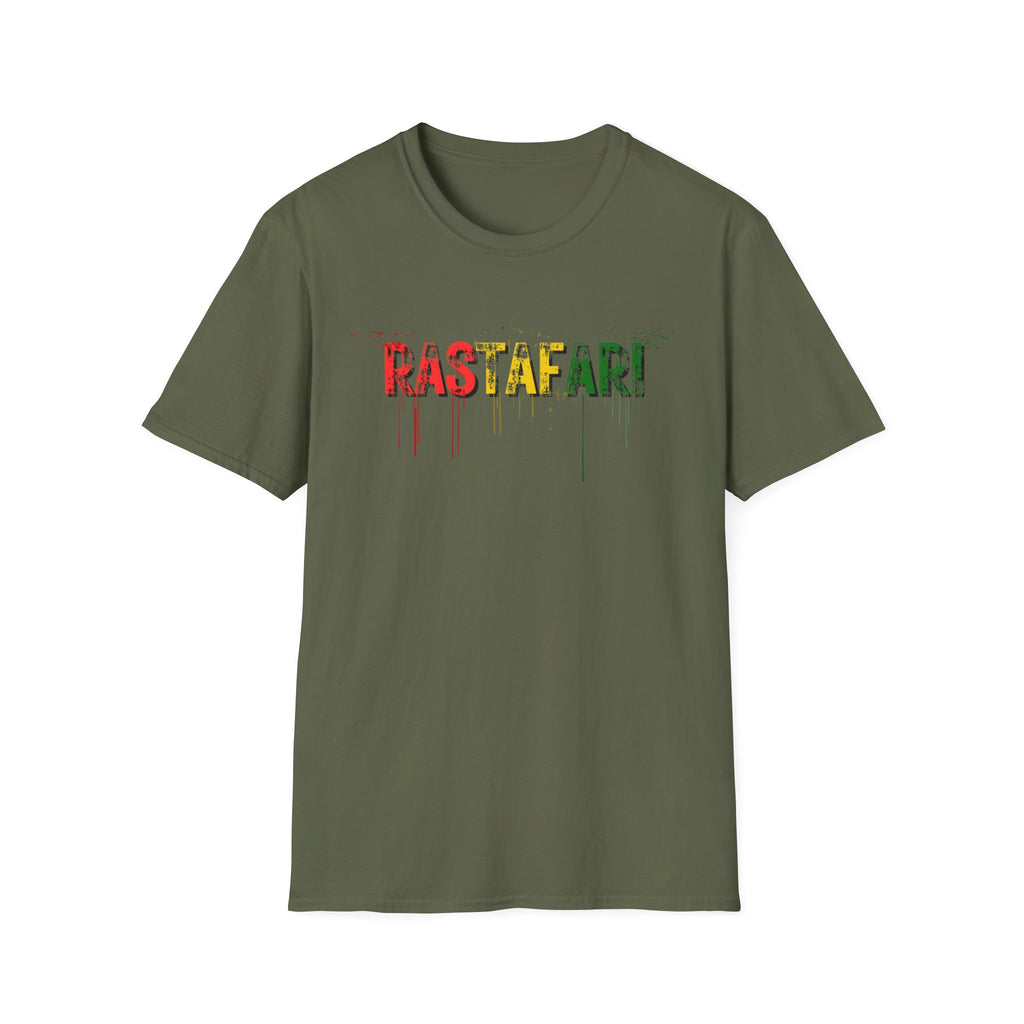 Rastafari graphic T-shirt with a distressed red, gold, and green wordmark on amilitary green tee. A reggae-inspired streetwear tee with bold colour and relaxed roots energy.